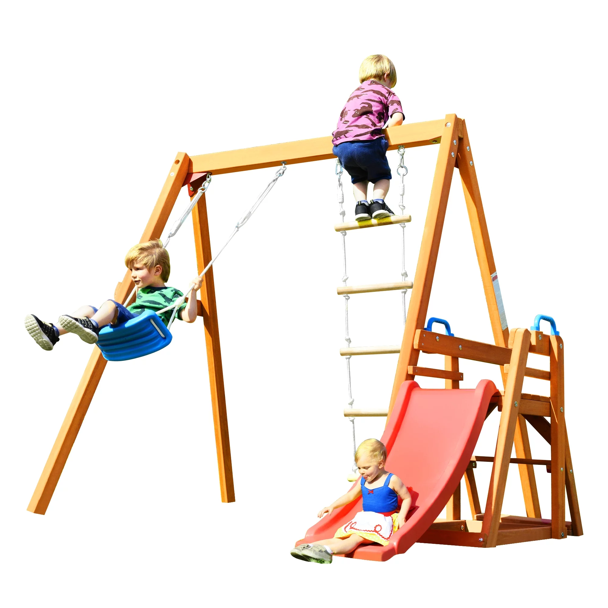 EUROCO Wooden Swing Set with Slide, Outdoor Playset Backyard Activity Playground Climb Swing Outdoor Play Structure for Toddlers, Ready to Assemble Wooden Swing-N-Slide Set Kids Climbers