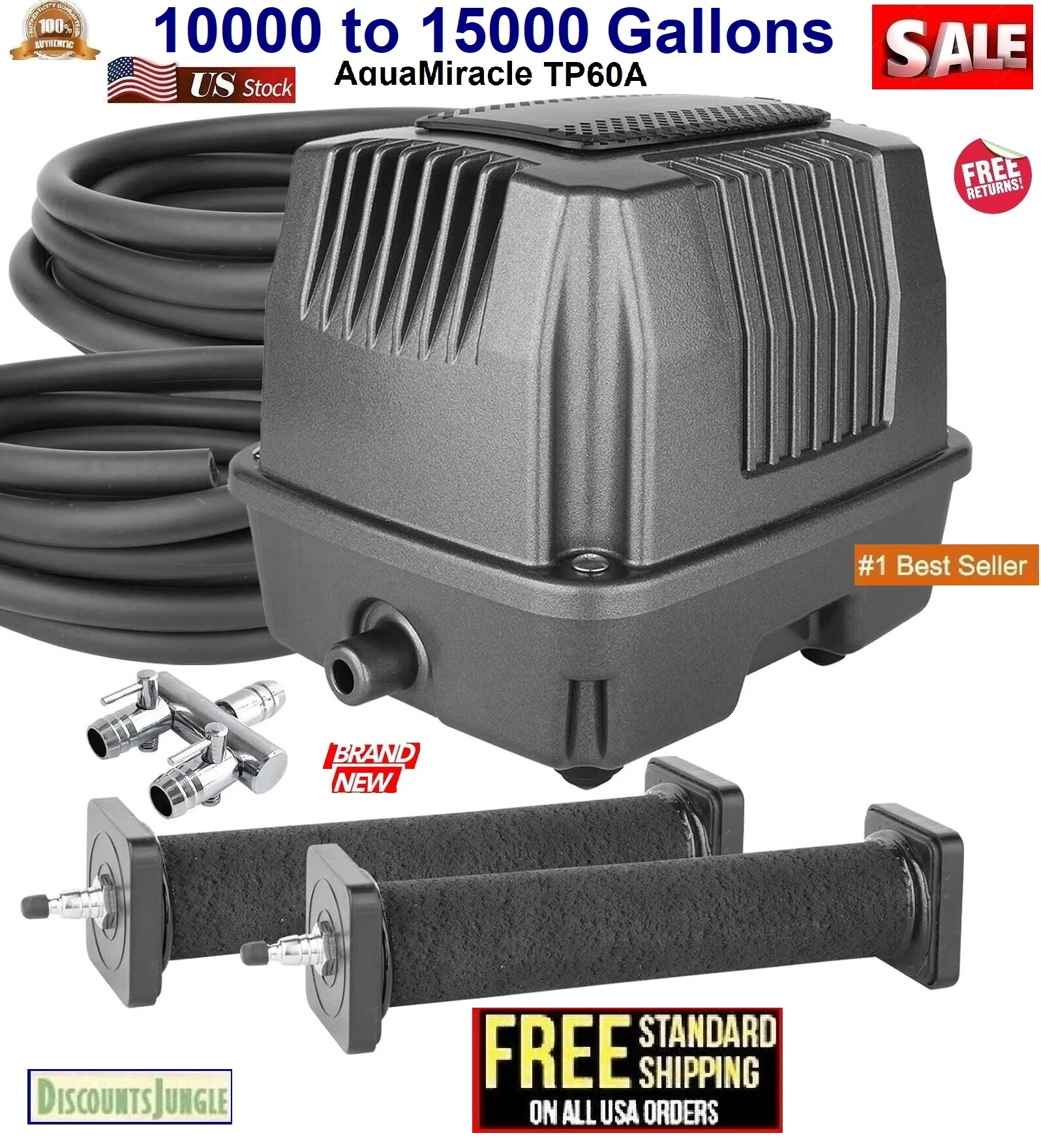 AquaMiracle TP60A Pond Aeration Kit Koi Pond Aerator Pond Air Pump for Pond up to 15000 Gallons Pond Deicer All-in-One Pond Aeration System with Self-Sinking Airline Flow Control Rubber Air Diffuser