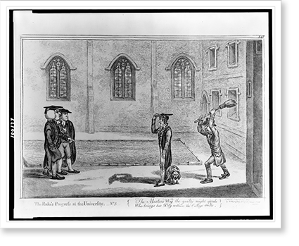 Historic Framed Print, The rake's progress at the university. No. 3. The master's wig the guilty wight appals ..., 17-7/8