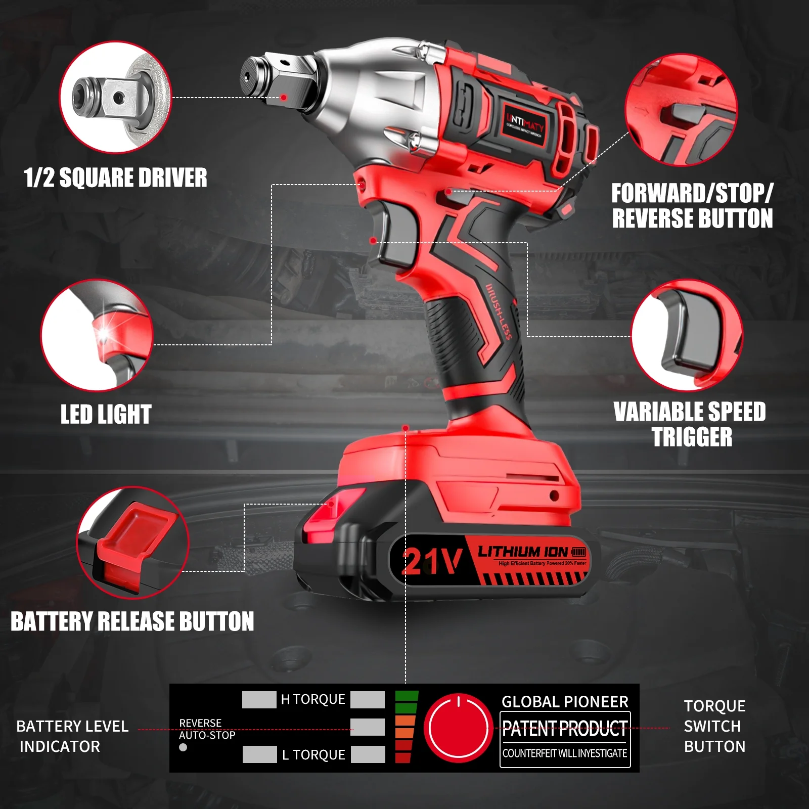 Cordless Impact Wrench, Power 1/2 inch Brushless Impact Gun, Max Torque 350 Ft-lbs(450N.m) Impact Wrench with 20V Brushless Motor, with 2 x 2.0Ah Li-ion Battery & 7 Sockets,9 Drill,6 Screws