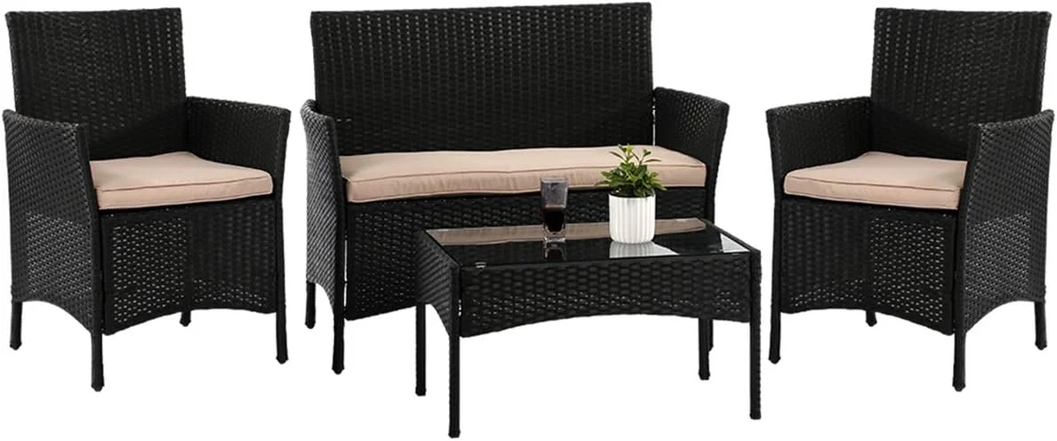xrboomlife 4 Pieces Rattan   Wicker Conversation Set Patio Set Outdoor Patio  Sets Poolside Lawn Chairs Garden  for Outdoor Balcony Poolside Porch  Black