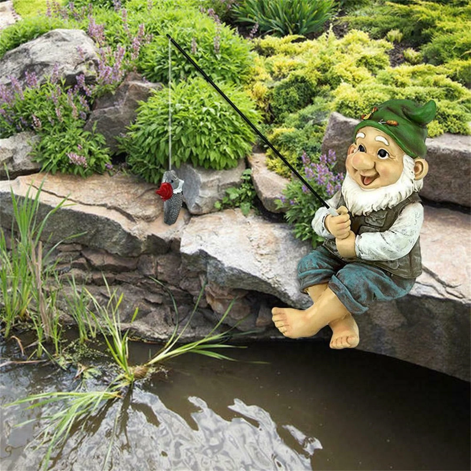 Egmy Fishing Gnome Sitter Garden Gnome Statue, Resin Patio Outdoor Decor, 14*10cm, 5.6*4in