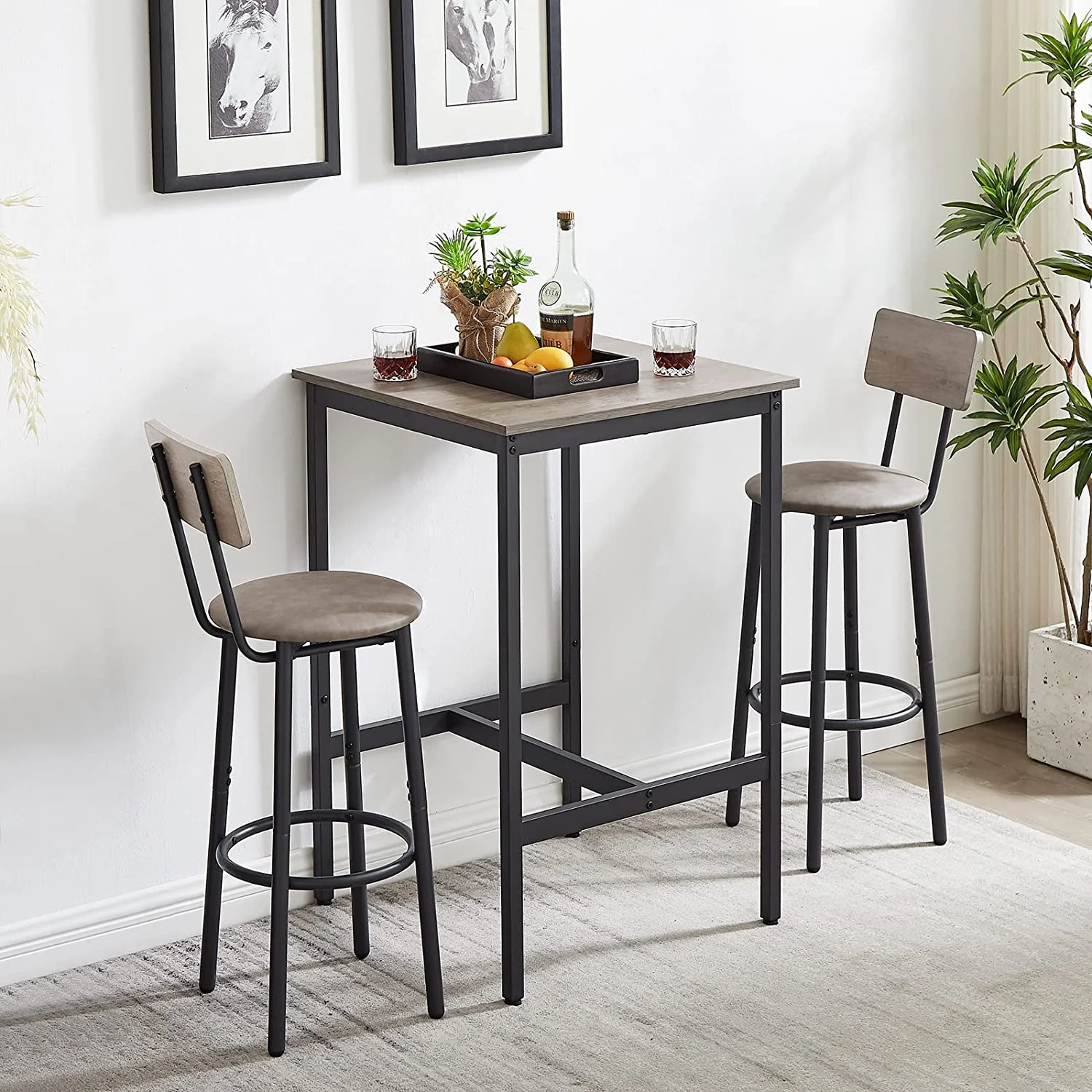 CHIOPKM 3-Piece   Set for 2  Small 2-Tier Round Bistro Pub Dining  & PU Upholstered Stools with Backrest  Counter Height  and Chairs Set for Kitchen Small Space  Grey