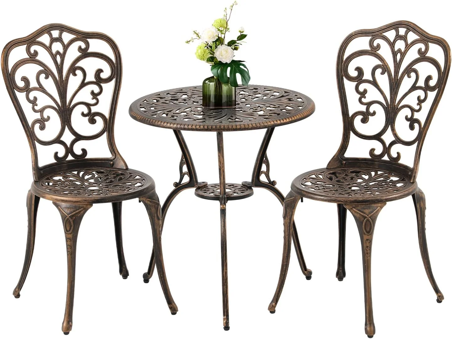 YPDCHB 3 Piece Outdoor   All Weather Cast Aluminum Patio Dining Retro  and Chairs with 2\u2019\u2019 Umbrella Hole  Bronze