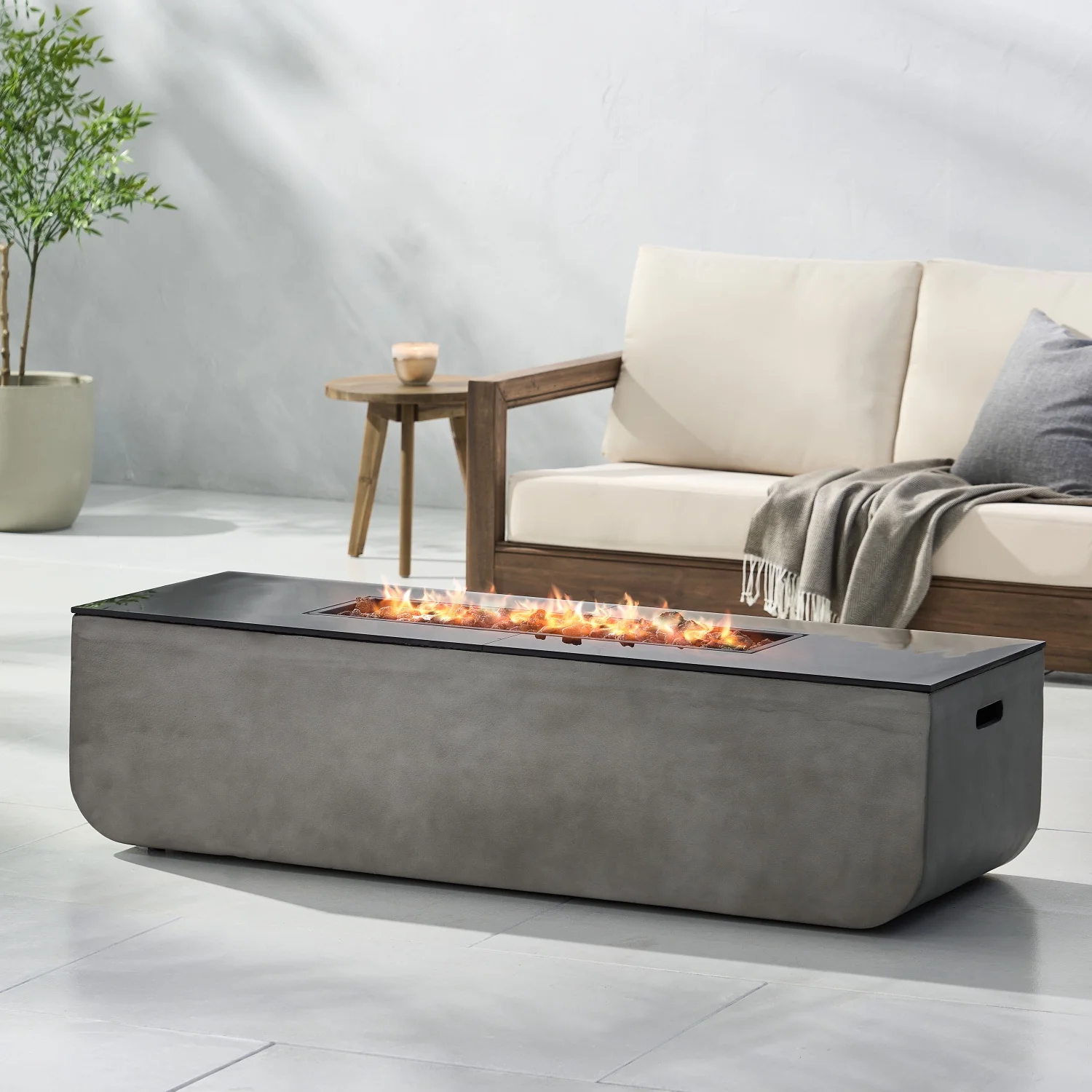 Stylish and Practical Light Gray and Black Concrete Fire Table with Elegant 56-Inch Gas Burning Rectangle Fire Pit  Perfect for Outdoor Patio  50 000 BTU Heat Output