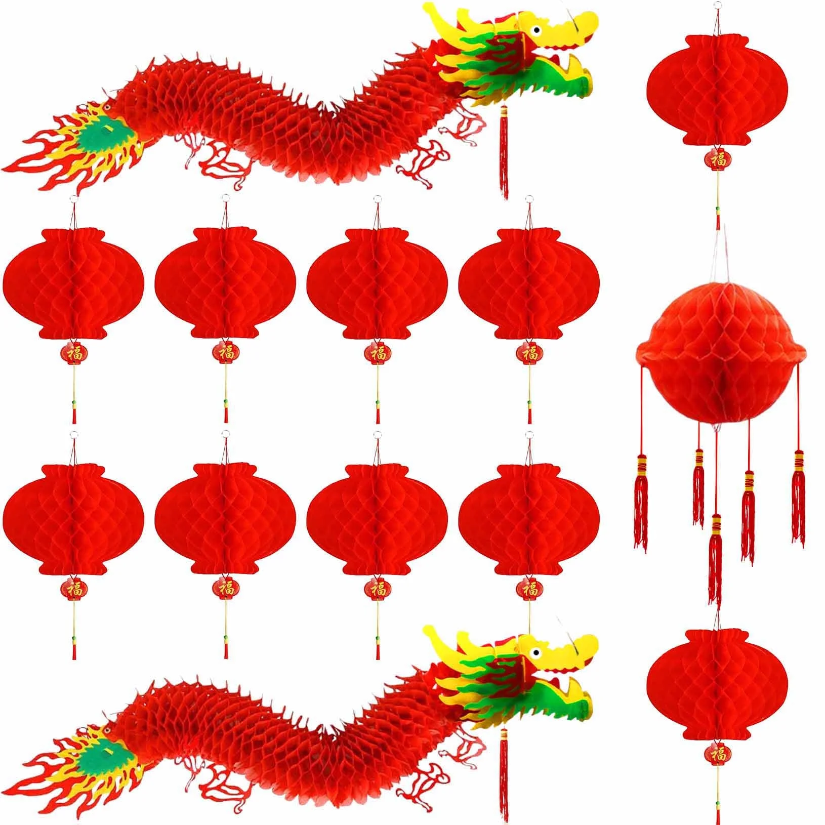 HXXF Chinese New Year Dragon 13 PCS, 3D Chinese Paper Dragons 2PCS with Dragon Ball 1 PCS and Red Paper Lanterns 10 PCS, Hanging Chinese New Year Decorations for Spring Festival, Lantern Festival