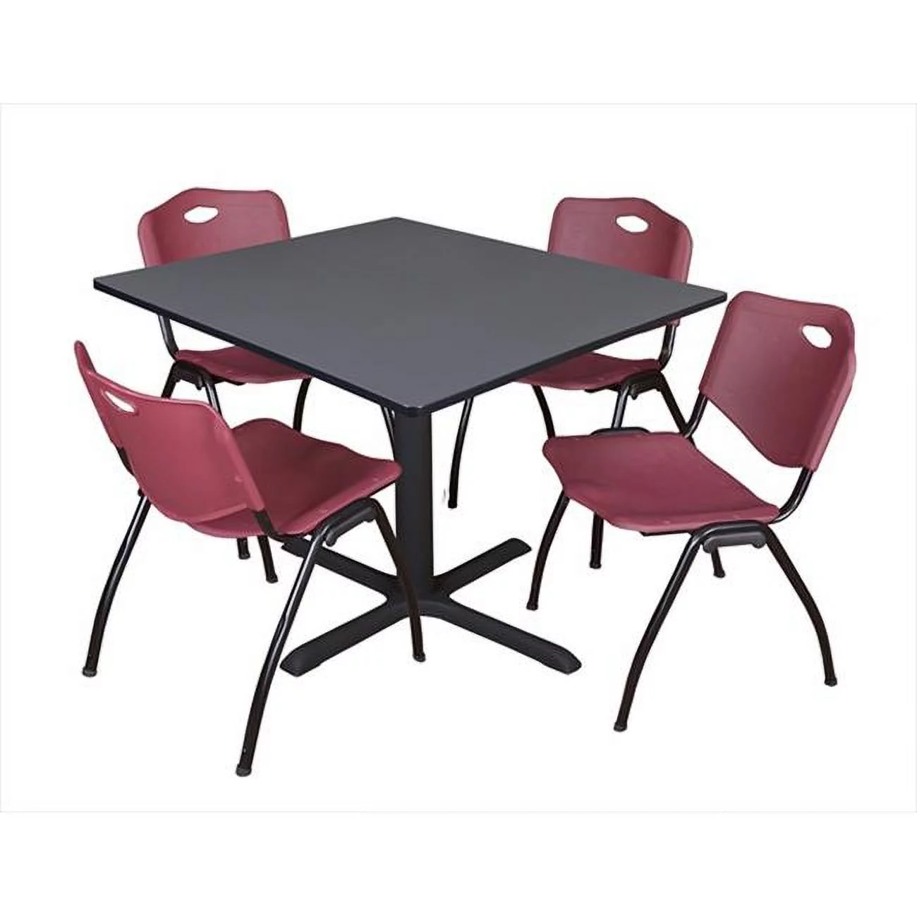 48 In. Square Laminate Table - Grey & Cain Base With 4 Burgundy M Stack Chairs
