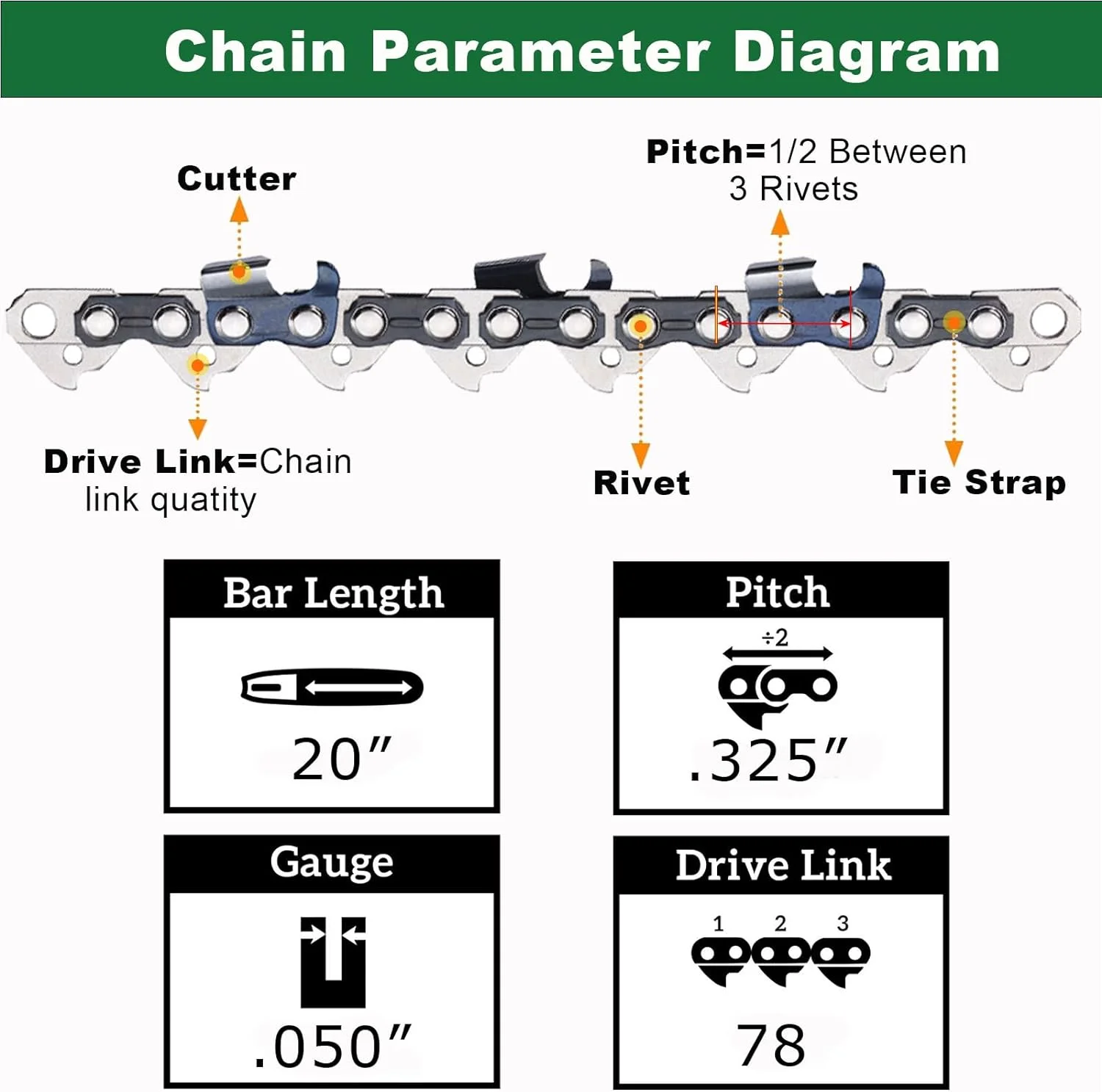 20 Inch Chainsaw Chain 3 Pack - H78 - .050