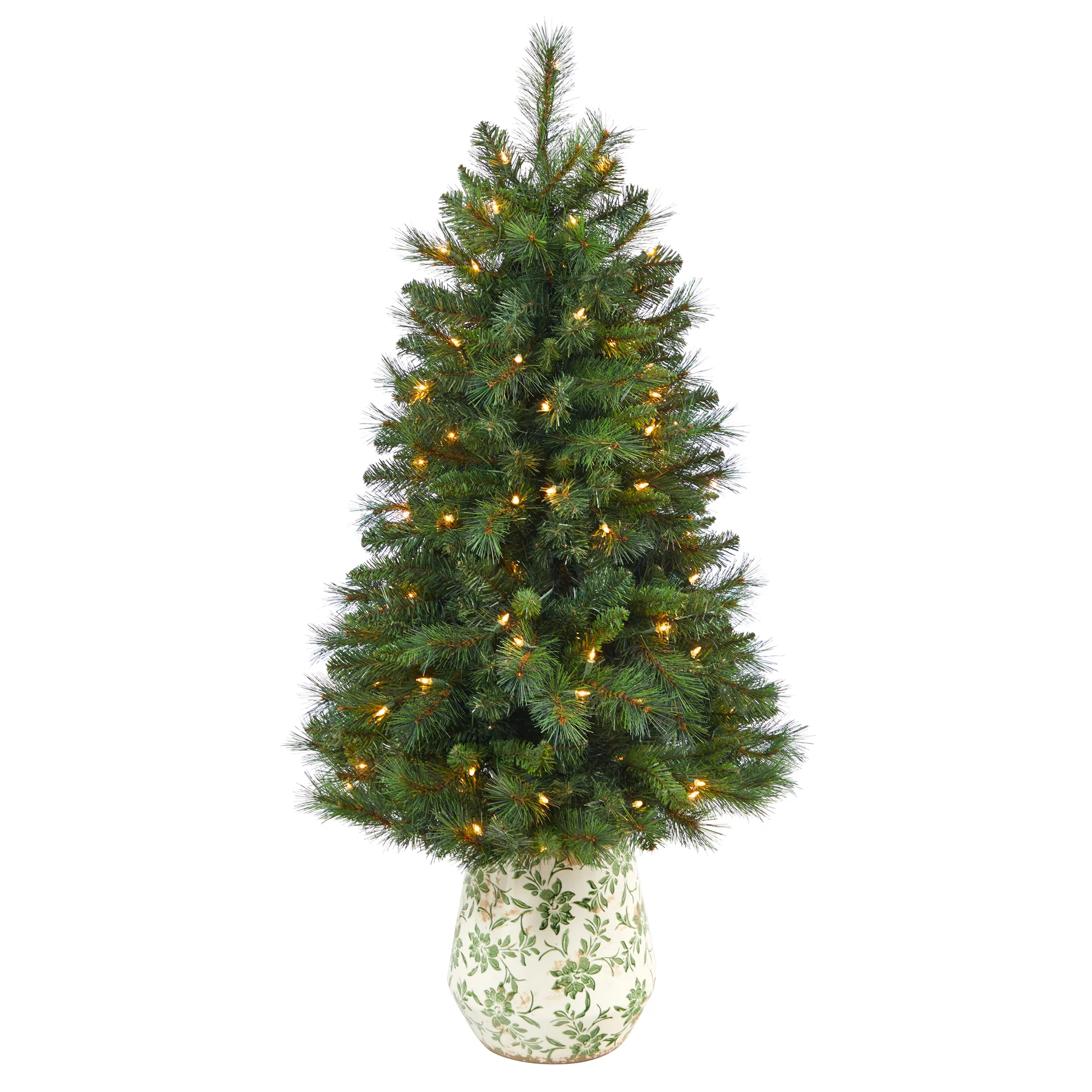 4.5ft. West Virginia Mountain Pine Artificial Christmas Tree with 100 Clear Lights and 322 Bendable Branches in Floral Print Planter