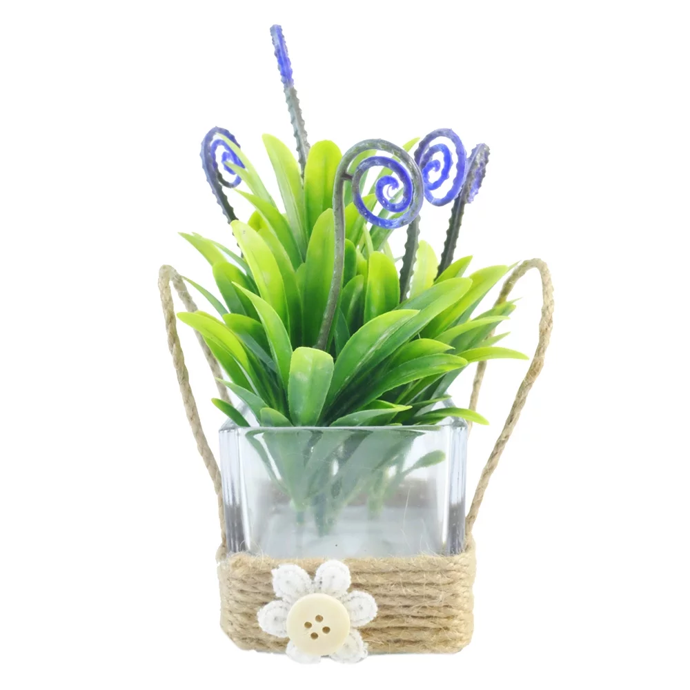 K-Cliffs Mini Rustic Style Green Artificial Plant in Square Clear Glass Pot, Decorated by Rope Made of Hemp for Home Décor, Dimensions: 3.5L x 3.5W x 6.3H inches
