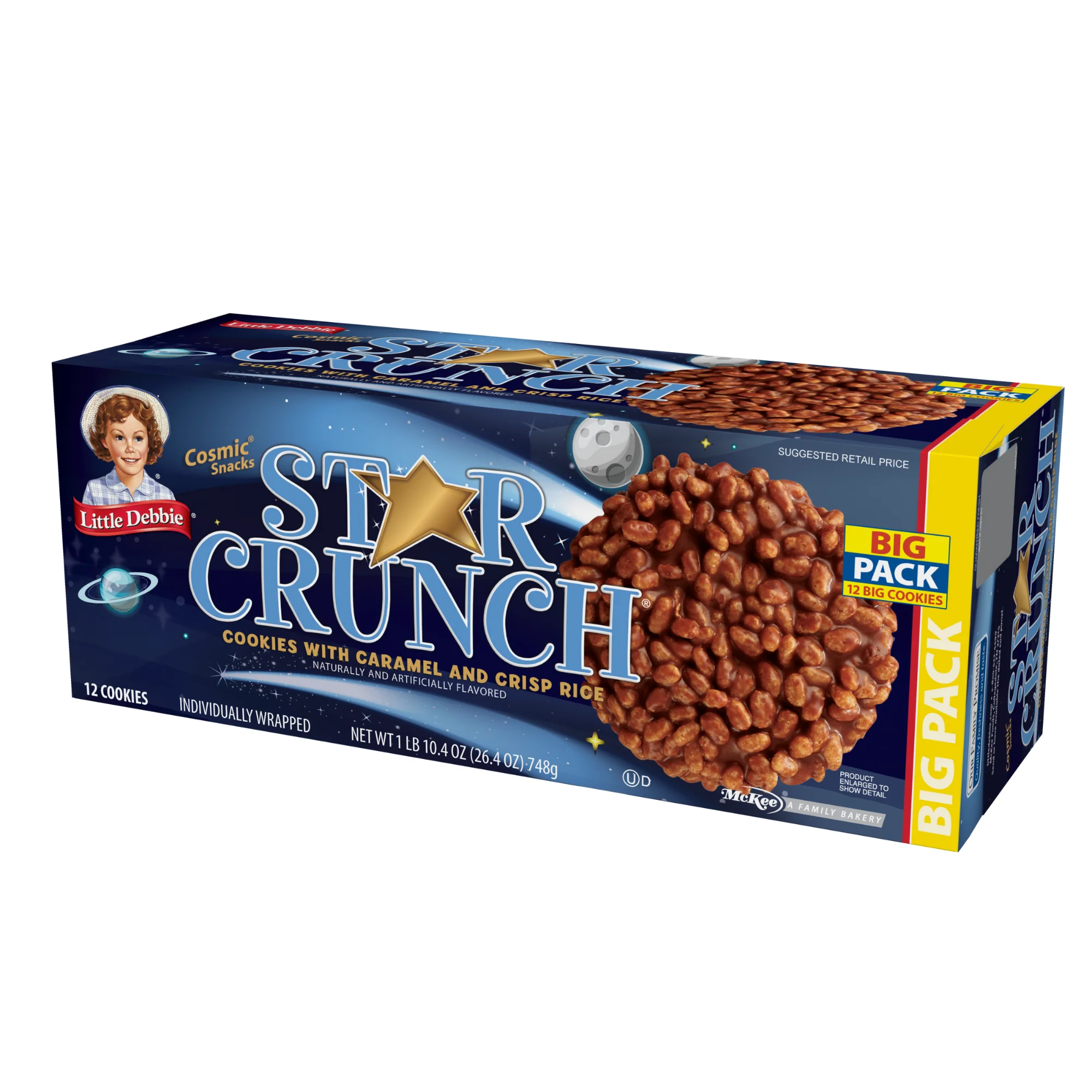 Little Debbie Star Crunch Cosmic Snacks, 3 Big Pack Boxes, 36 Individually Wrapped Cookies with Caramel and Crisp Rice