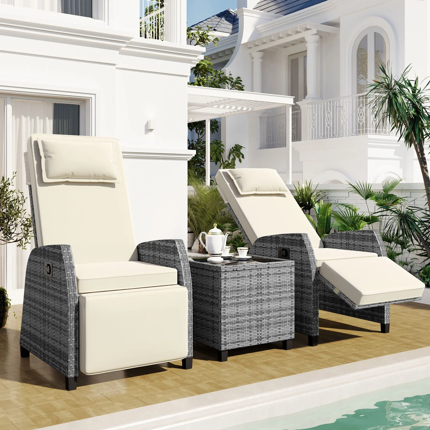 Stylish and versatile  this outdoor rattan two-person combination set with coffee table is perfect for your courtyard  swimming pool  or balcony. Enjoy relaxing and entertaining outdoors