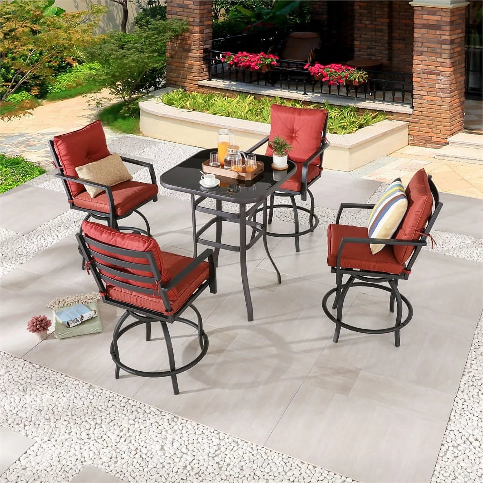 Patio Festival Fabric 5-Piece Outdoor Bistro Set in Red & Black
