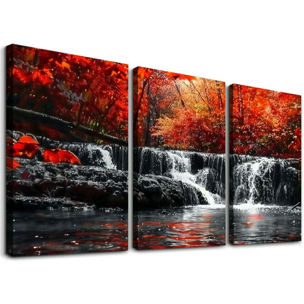 Ullo0ord 1 Panel Framed Prints Art Red Waterfall Wall Art Decor Landscape Picture Print on Canvas Modern Large Artwork Ready to Hang for Living Room Bedroom Wall Decoration