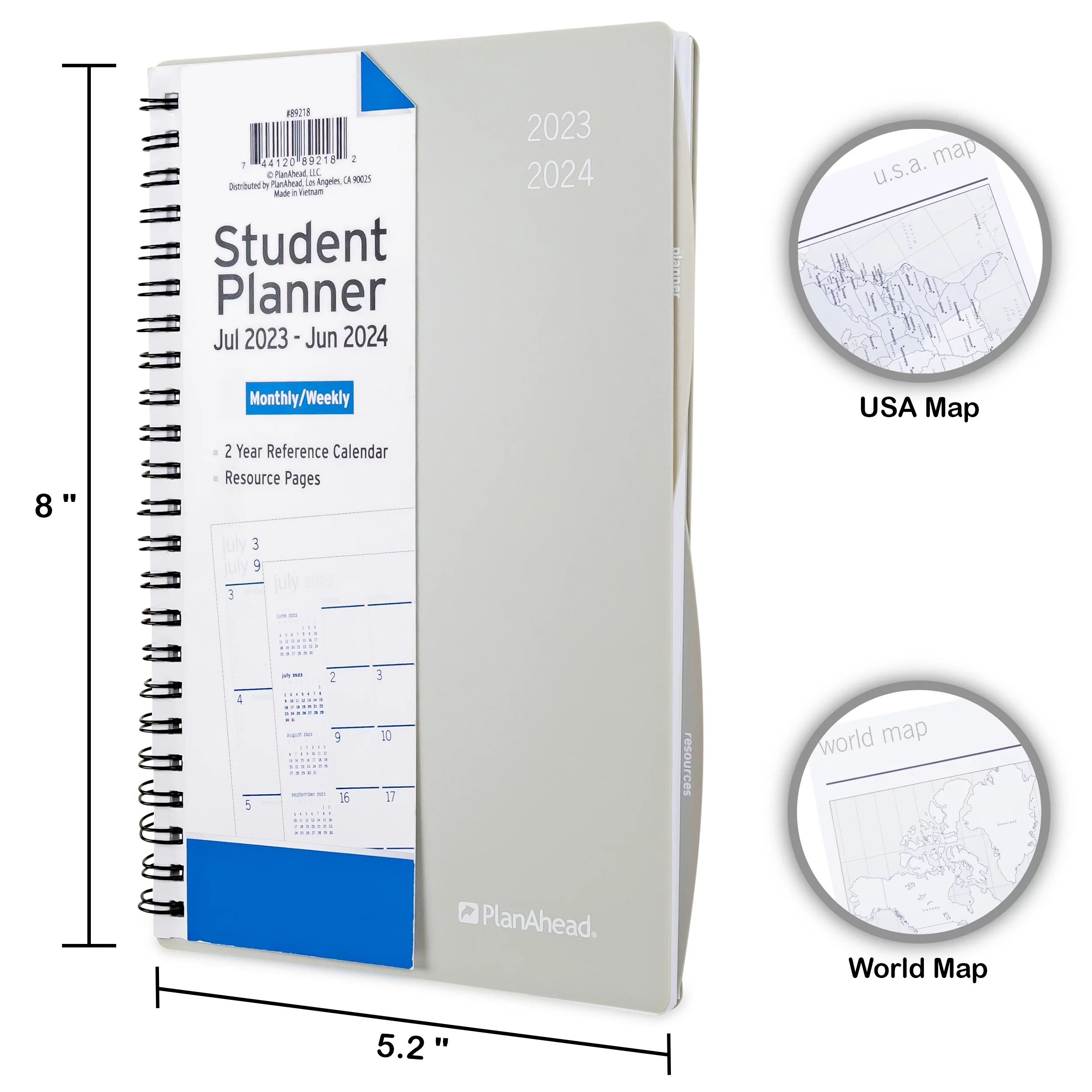 PlanAhead Weekly/Monthly Student Planner, July 2023 - June 2024 (5.5 x 8) Gray
