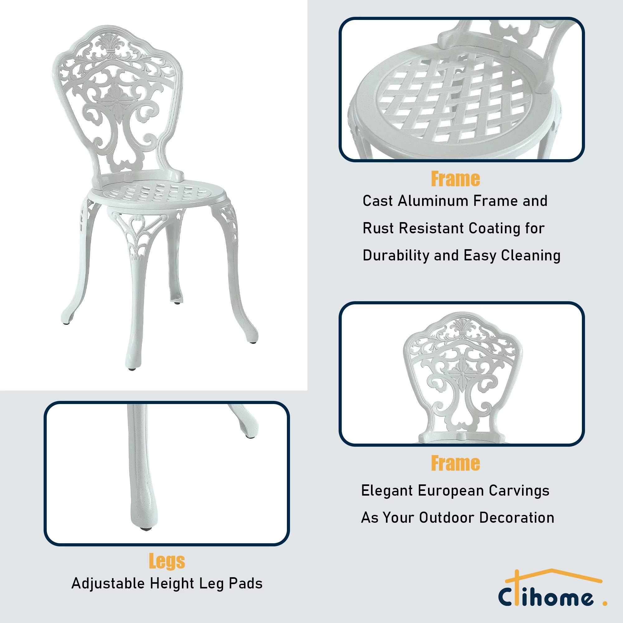 Clihome  3-Piece Cast Aluminum Outdoor Patio Rust-Resistant Bistro Set White