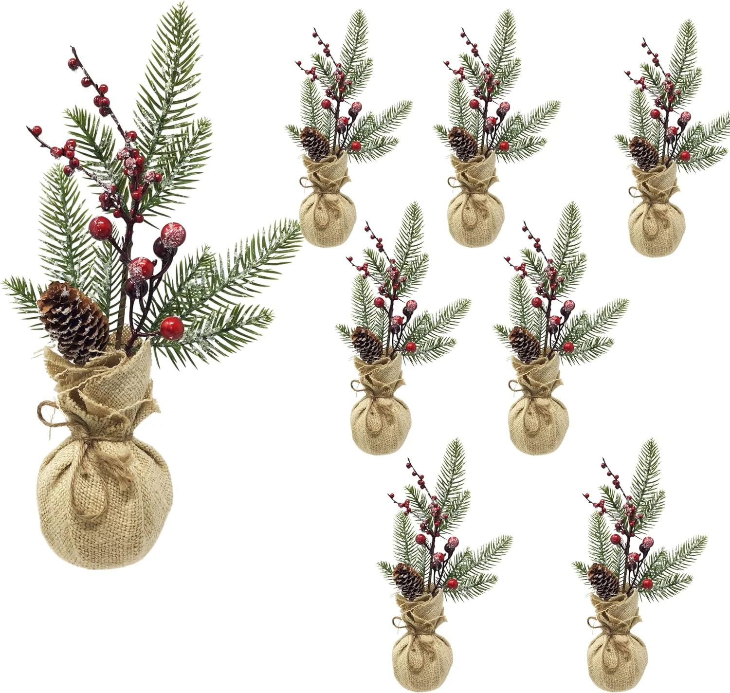 Burlap Xmas Floral Pots - Set Of 8 - Frosted Berry And Pinecone Arrangements With Greenery Accents - Christmas Decorations - Holiday Crafting Accessory