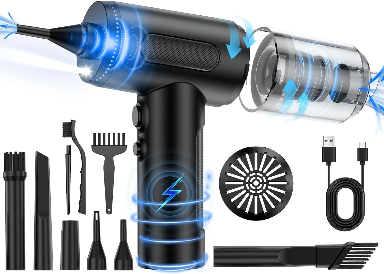 3 in 1 Compressed Air Duster/Pump & Wireless Vacuum Cleaner - 3 Level Adjustable, 68W Power - Cordless Portable Air Blower with LED Light & 10 Kits for Keyboard, Car, Replace Air Can