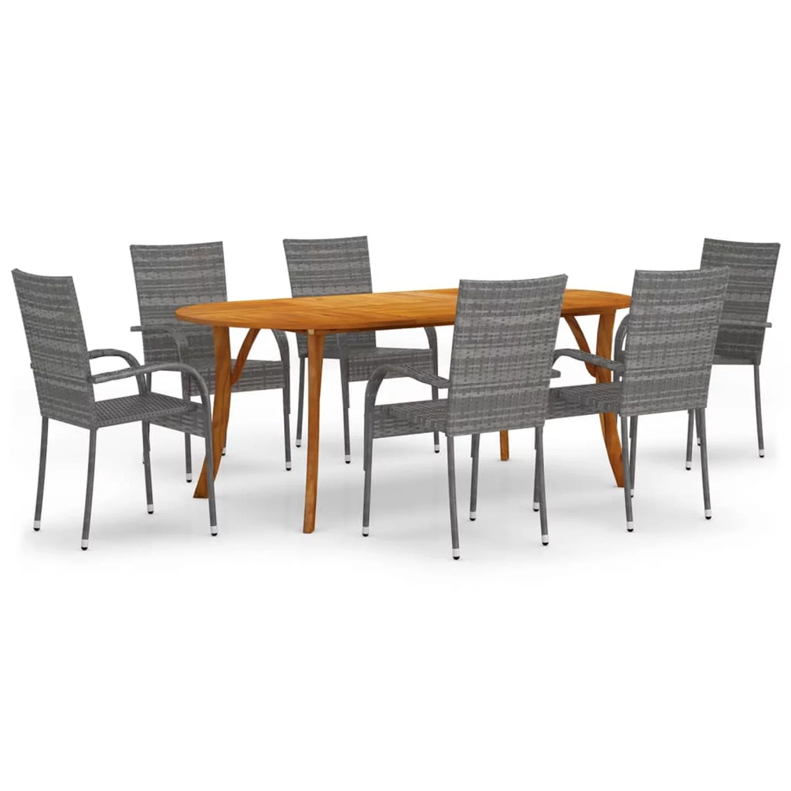 Dcenta Set of 7 Outdoor Dining Set Acacia Wood Oval Table and 6 Garden Chairs Poly Rattan Dinner Set Steel Frame for Balcony, Yard, Deck, Lawn, Patio