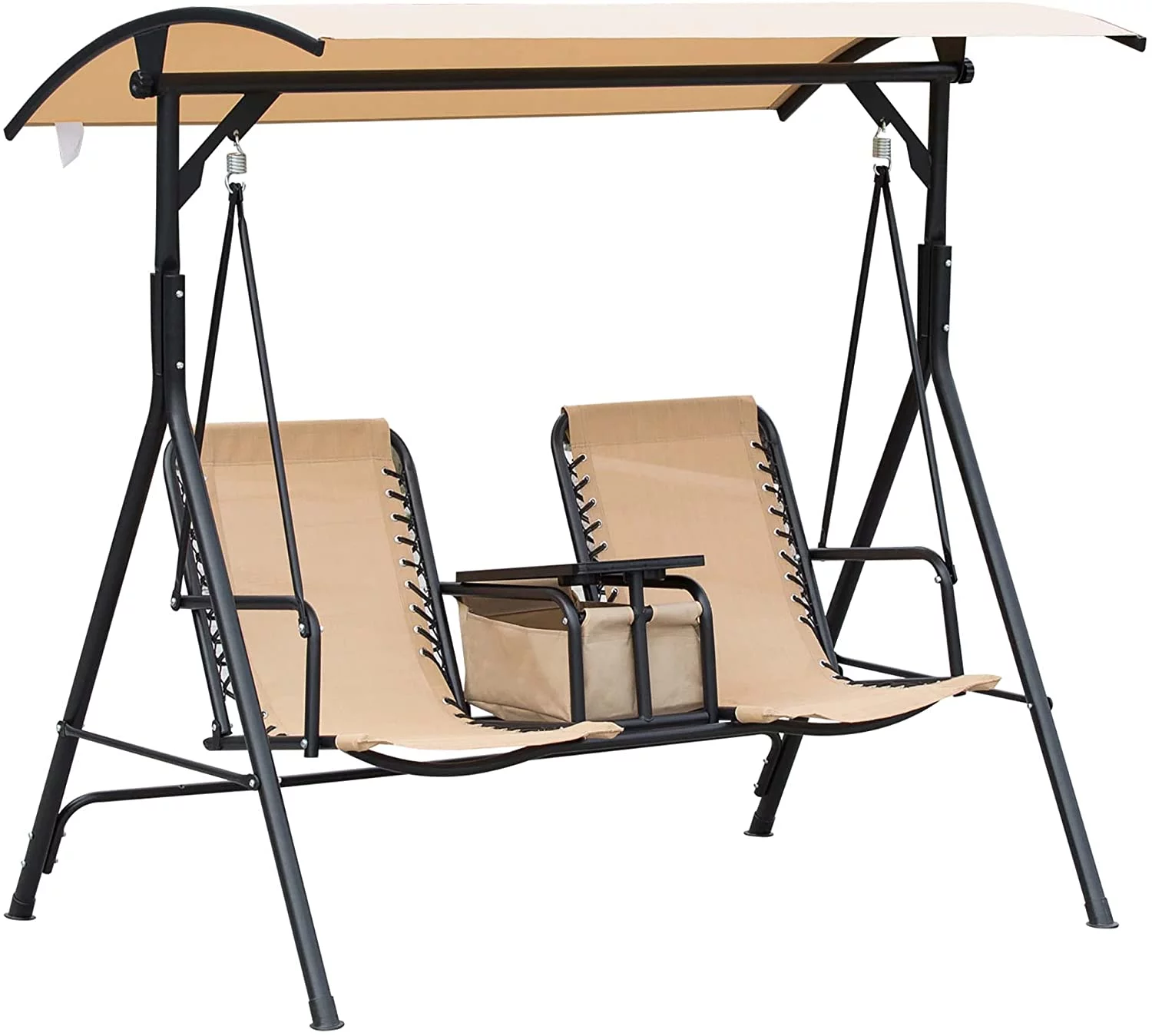 2-Seat S Swing Chair, Outdoor Canopy Swing Glider with Pivot Storage Table, Cup Holder, Adjustable Shade, Bungie Seat Suspension and Weather Resistant Steel Frame, Beige
