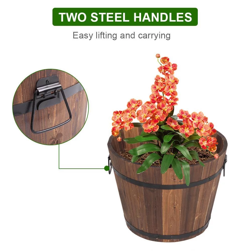 SamyoHome Wooden Bucket Barrel Planters, Rustic Patio Planters Flower Pots