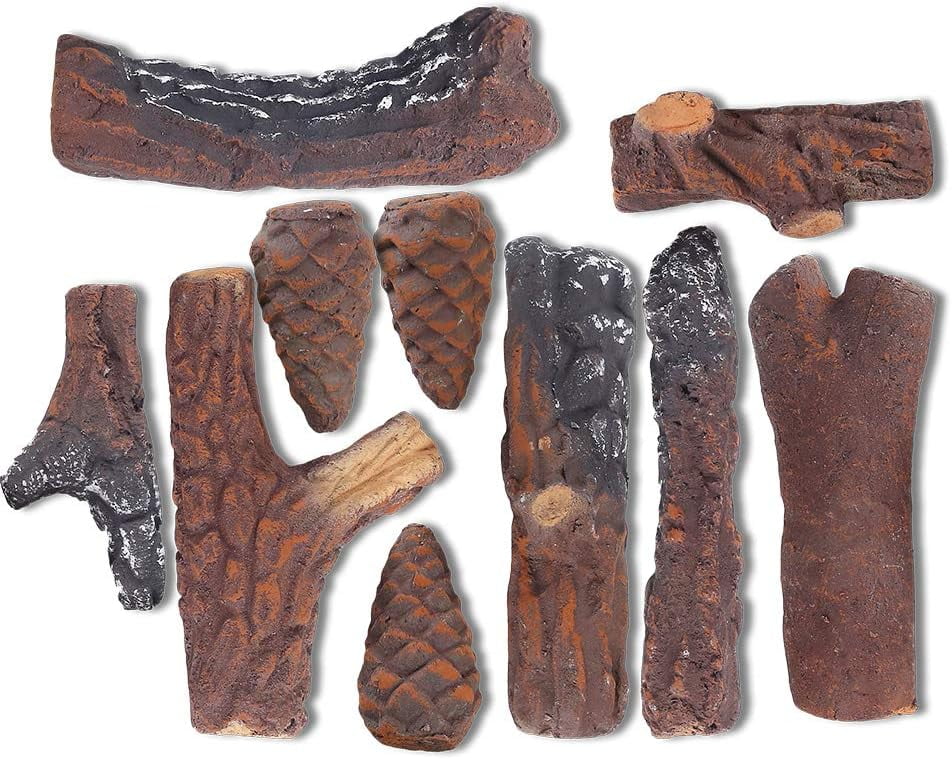 10pcs Ceramic Log Set for Gas Fireplace, Small Fake Wood Logs Set, Gas Fireplace Logs Decoration for Propane, Gas, Gas Inserts, Gel, Ethanol, Electric, Indoor, Outdoor, Fire Pits