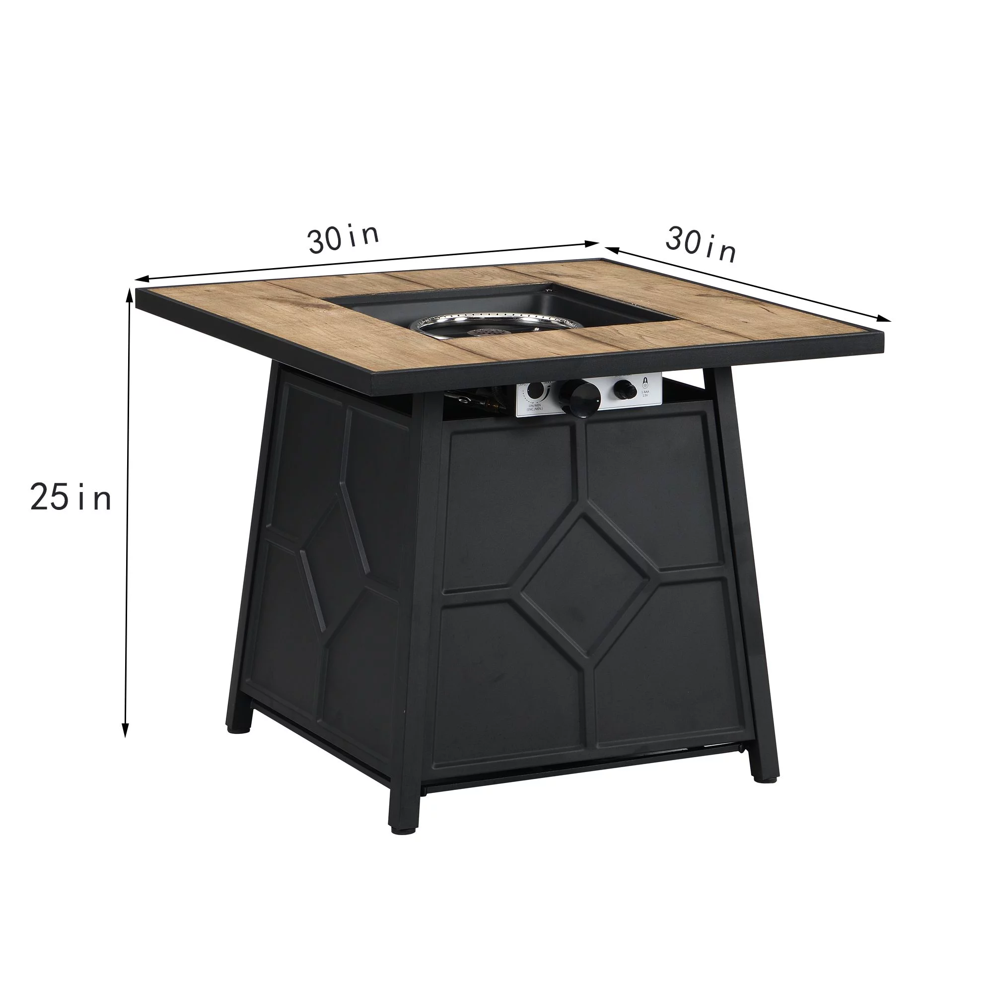 30 in. W x 25 in. H Square Black Metal Base Propane Gas Fire Pit with Wood Table Top in Black