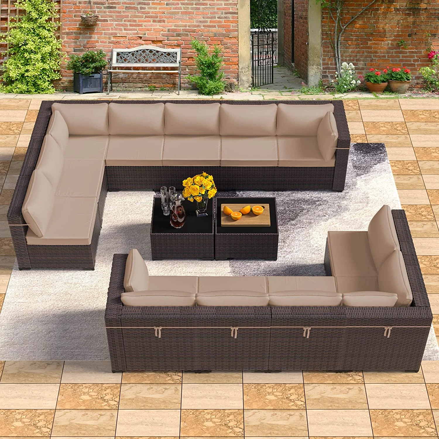 Outdoor Patio Furniture Set  14 Pieces Outdoor Furniture All Weather Patio Sectional Sofa PE Wicker Modular Conversation Sets with Coffee Table 12 Chairs & Seat Clips(Sand)