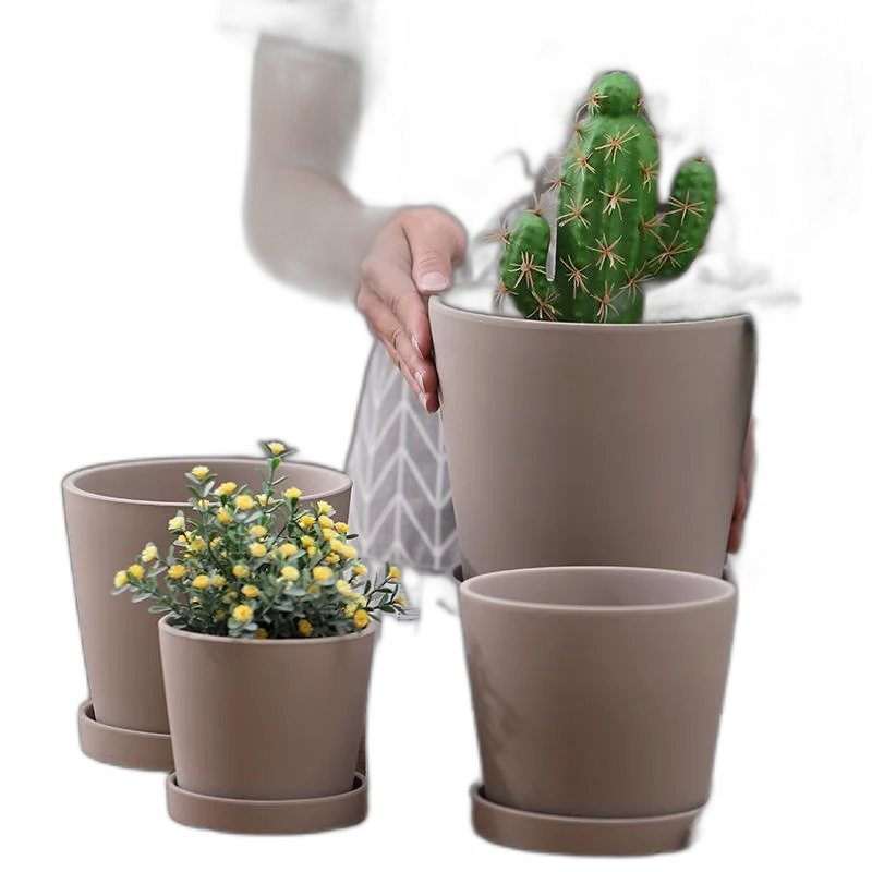 Natural Ceramic Germ Embryo Diagonal Body Flower Basin Nordic Breathable Mocha Color Ceramic Pot Poly -Fleshy Green Plantation Orchid With Tray Mocha Body 14.5Cm Ceramic