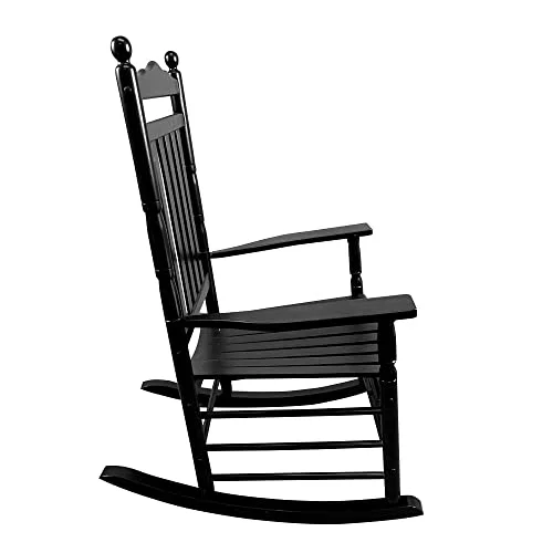 Patio Porch Rocking Chair with High Back for Indoor Outdoor Use, Wood Rocking Chair with Armrest for Adult, Front Porch Chairs with Rocker for Deck Garden Lawn Balcony Backyard, Black