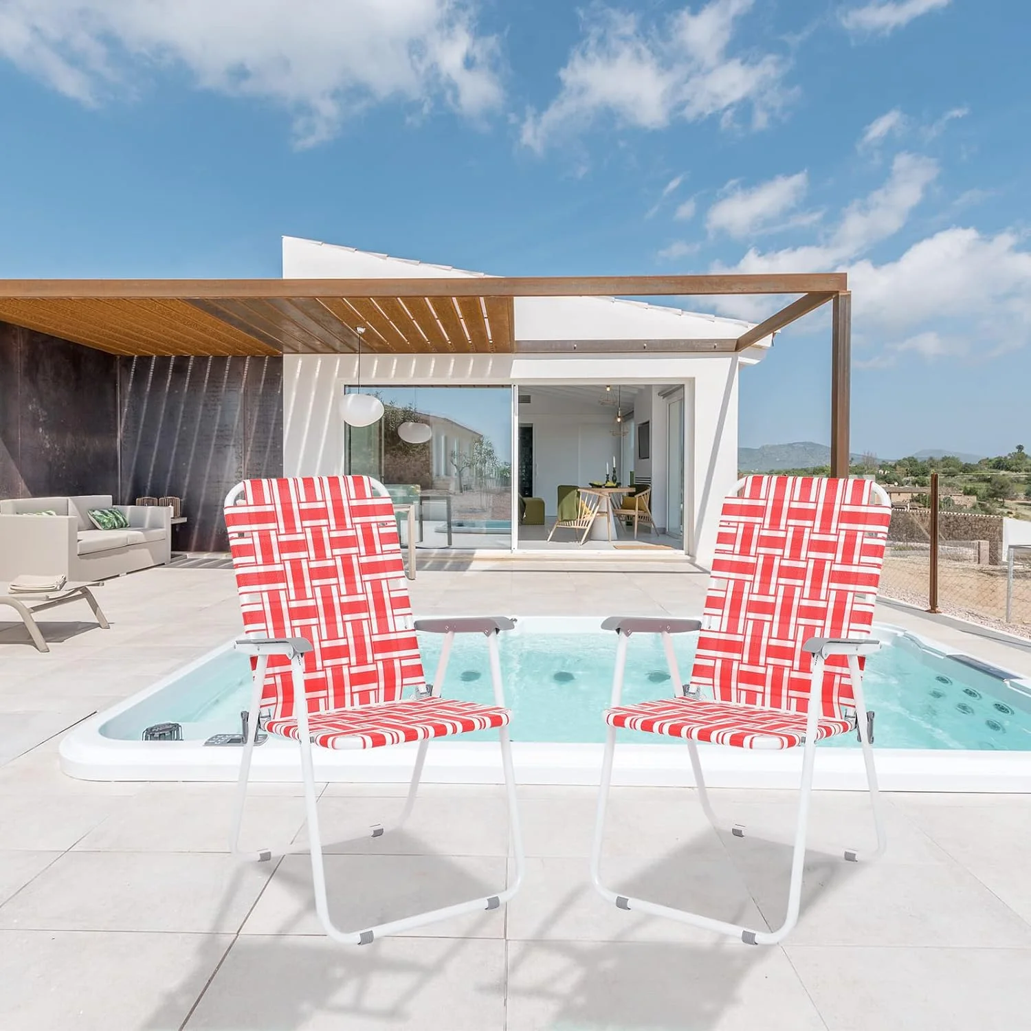 2pcs Steel Tube Pp Webbing Bearing 120kg Folding Beach Chair Red & White Strip