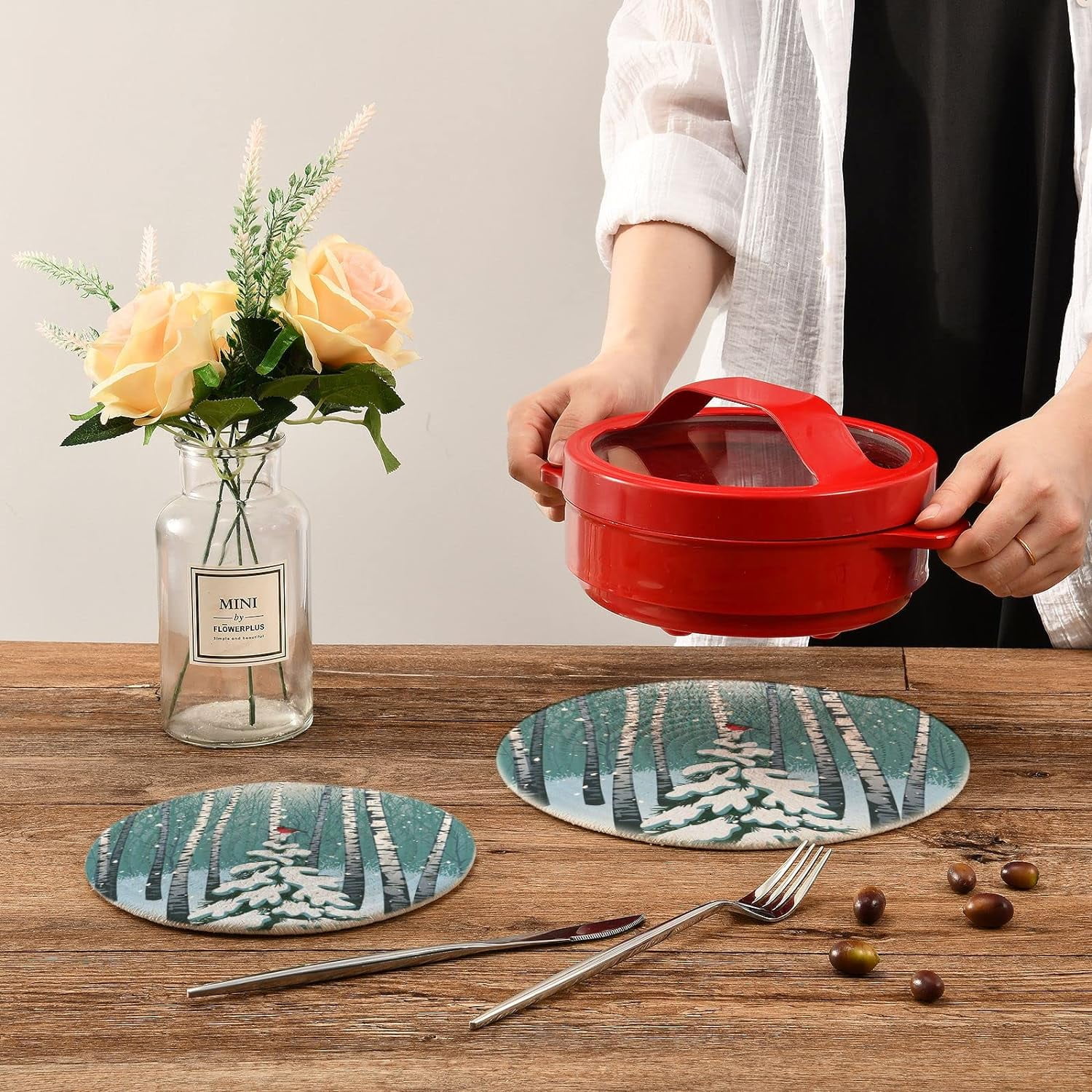 FREEAMG 2 Pack Snow Winter Forest Birches Bird Cotton Woven Pot Holders Trivets Set, 7 inch and 9 inch Diameter,Heat Resistant Pad Mat for Kitchen Decor Cooking Supplies