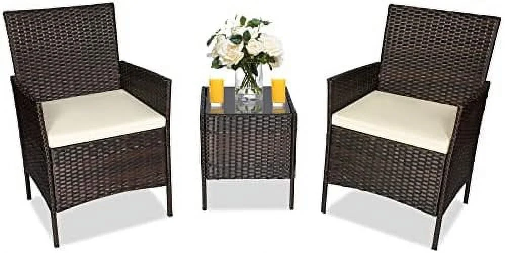 HYHBIBOOM 3-Piece Patio Outdoor Rattan  Chairs Conversion Sets Modern Wicker Clearance Garden Yard Apartment with Coffee Stronge Table & Warm Cushion Brown (Brown&Gray)