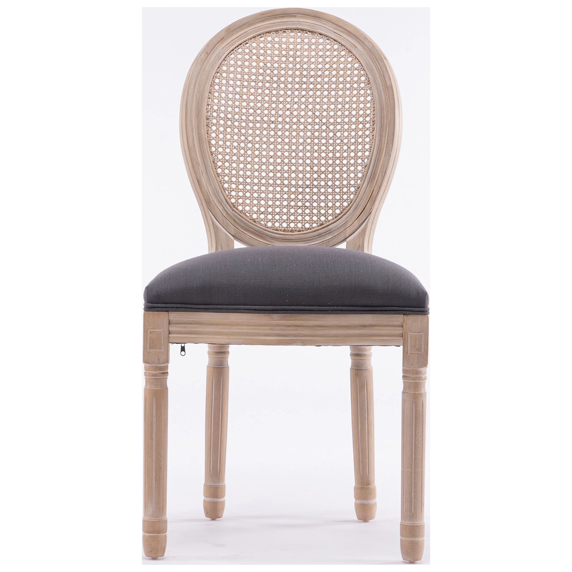 French Style Solid Wood Frame Linen Fabric Rattan Back Dining Chair, Set of 2, Gray