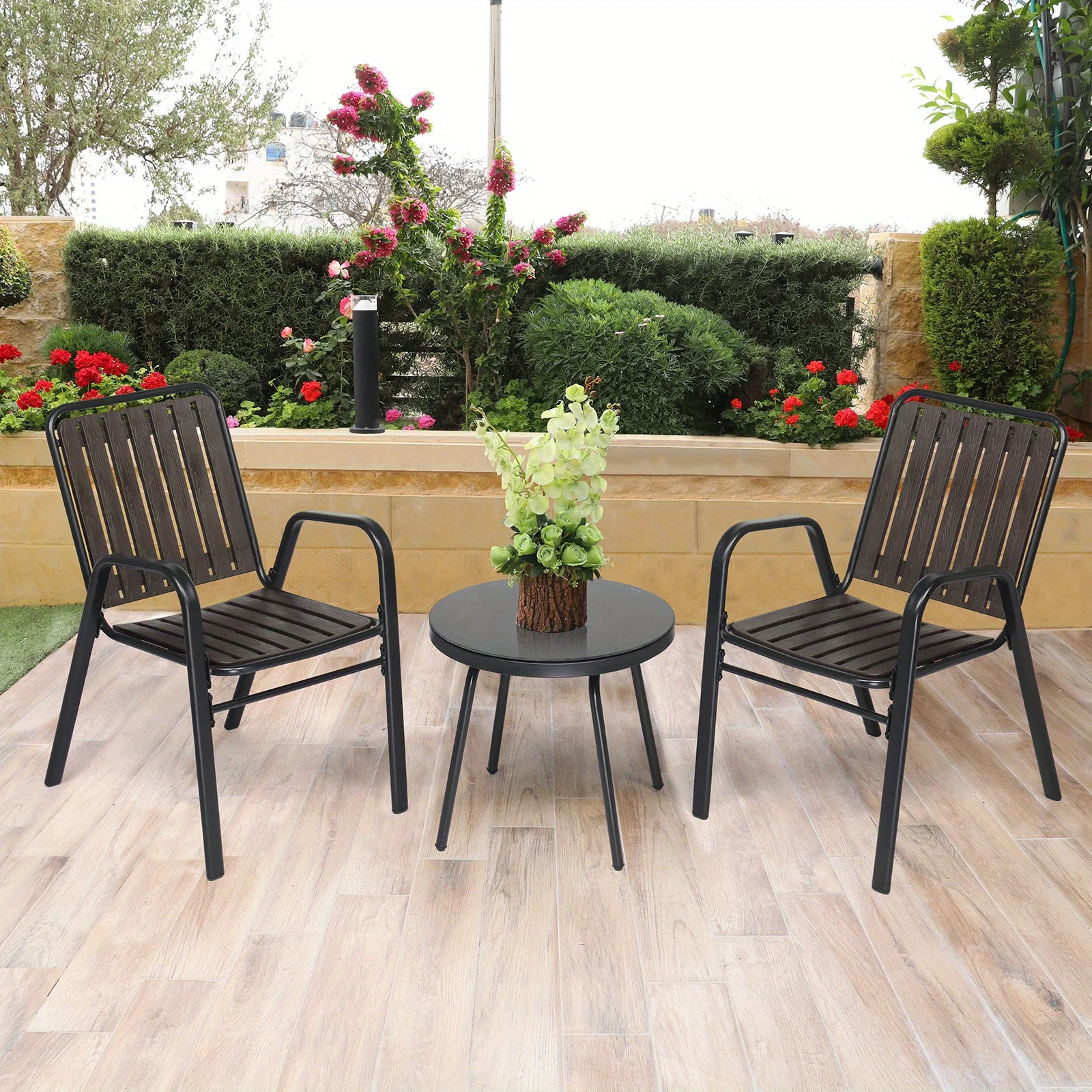 3pcs Patio Bistro Set of Foldable Round Table and Chairs