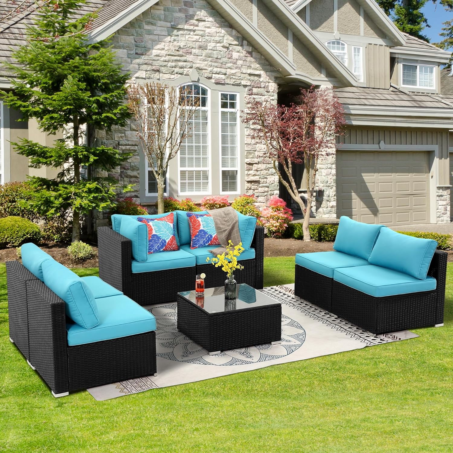 Dina 7 Pieces Outdoor Conversation Sets Patio Sectional Furniture Set Modular Wicker Sofa Set with Thick Cushions  Coffee Table & 2 pillows All Weather for Backyard  Garden (Gray Ratt