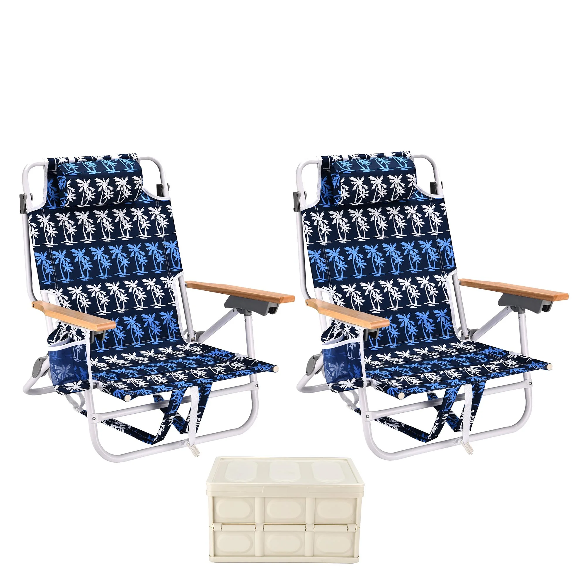 2PCS Backpack Beach Chairs for Beach towel backpack beach chairs for adults 5 position chair with pouch folding lightweight positions back pack 13 inch high With white storage box