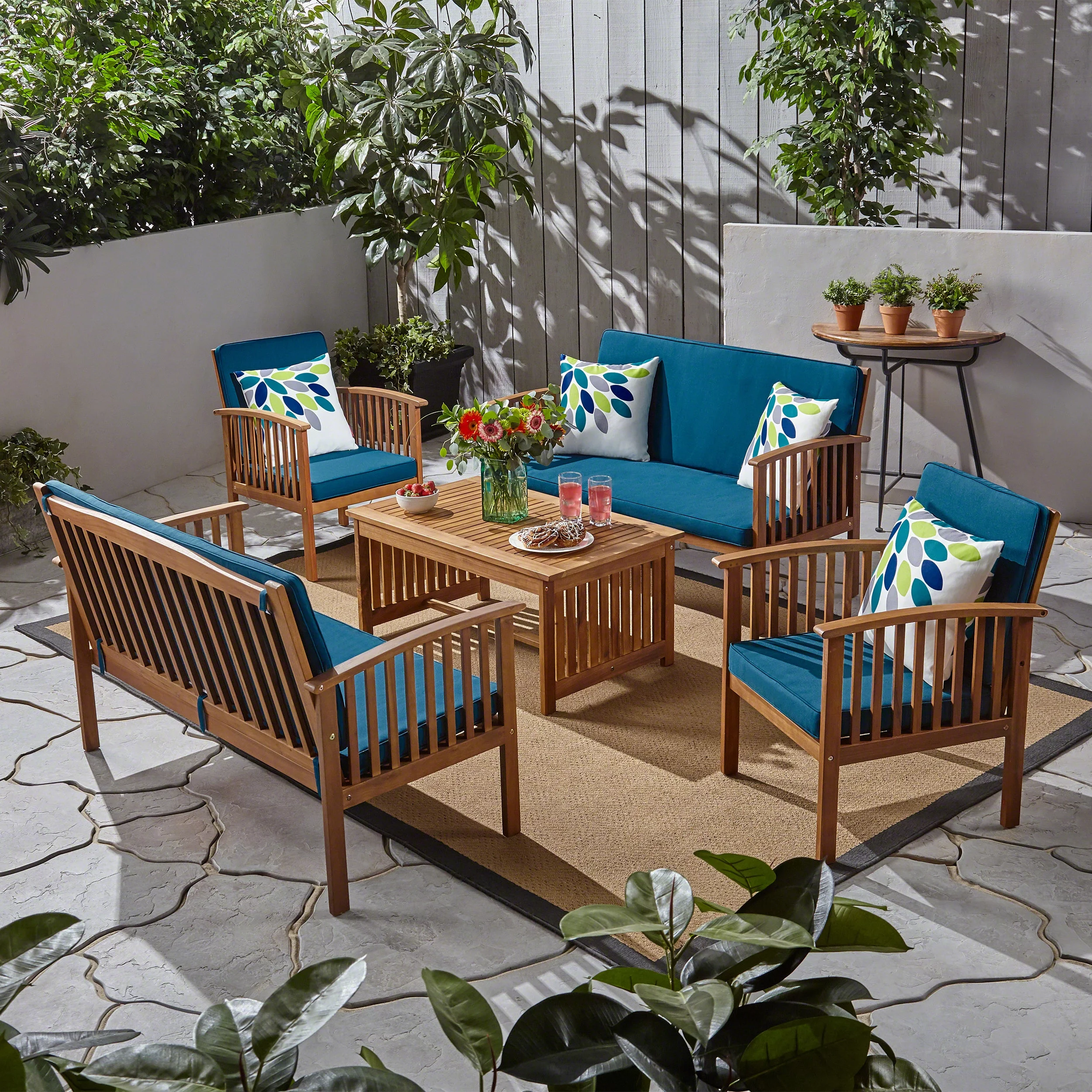 GDF Studio Navan Outdoor 5-Piece Acacia Wood Sofa Set, Brown Patina and Dark Teal