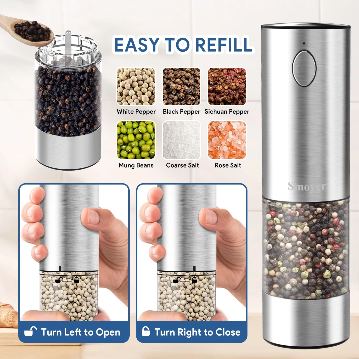 Smoyer 2 Pack Premium Stainless Steel Electric Salt and Pepper Grinder Mills Set,  Sliver