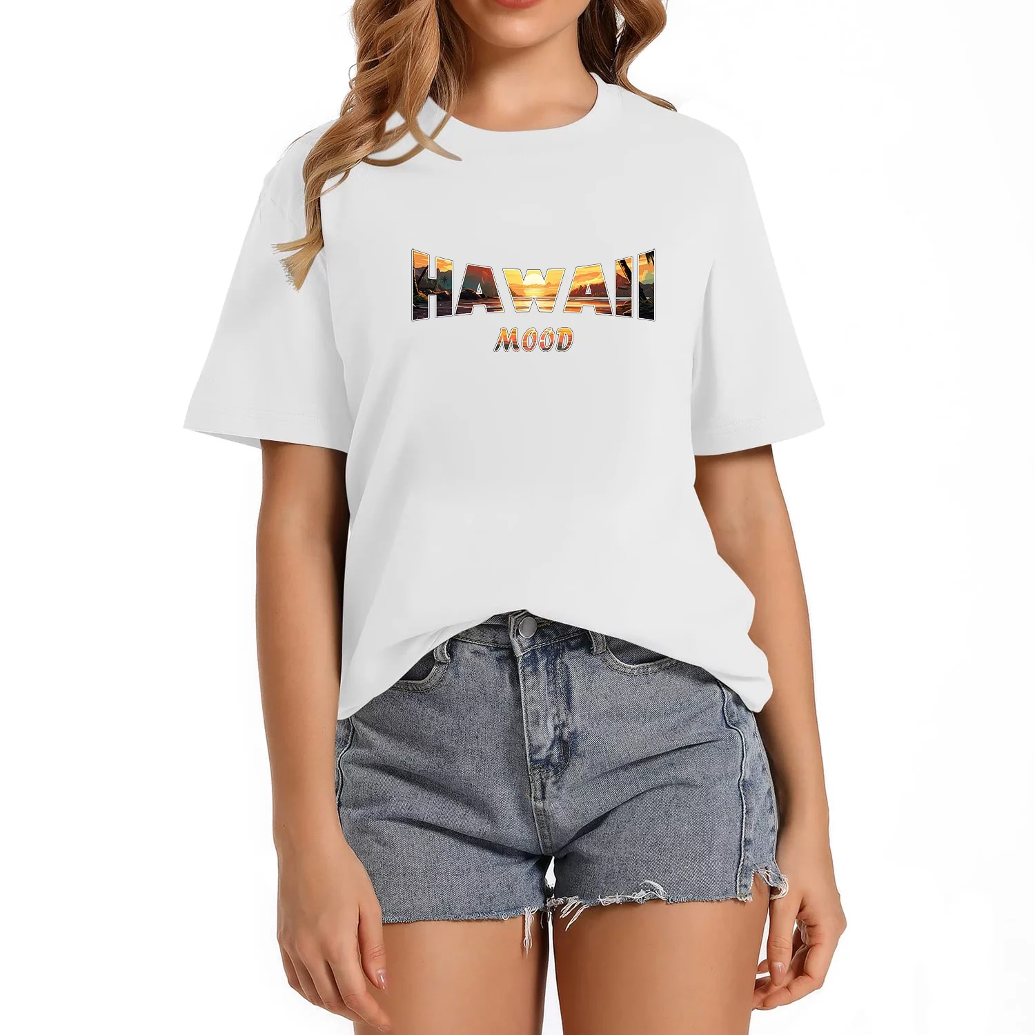 Womens T Shirt Hawaii Mood Retro Palm Trees Beach Sunset Tropical Women's Casual Vintage Graphic Tee for Parties - Perfect Gift for Queen's Birthday or Thanksgiving White