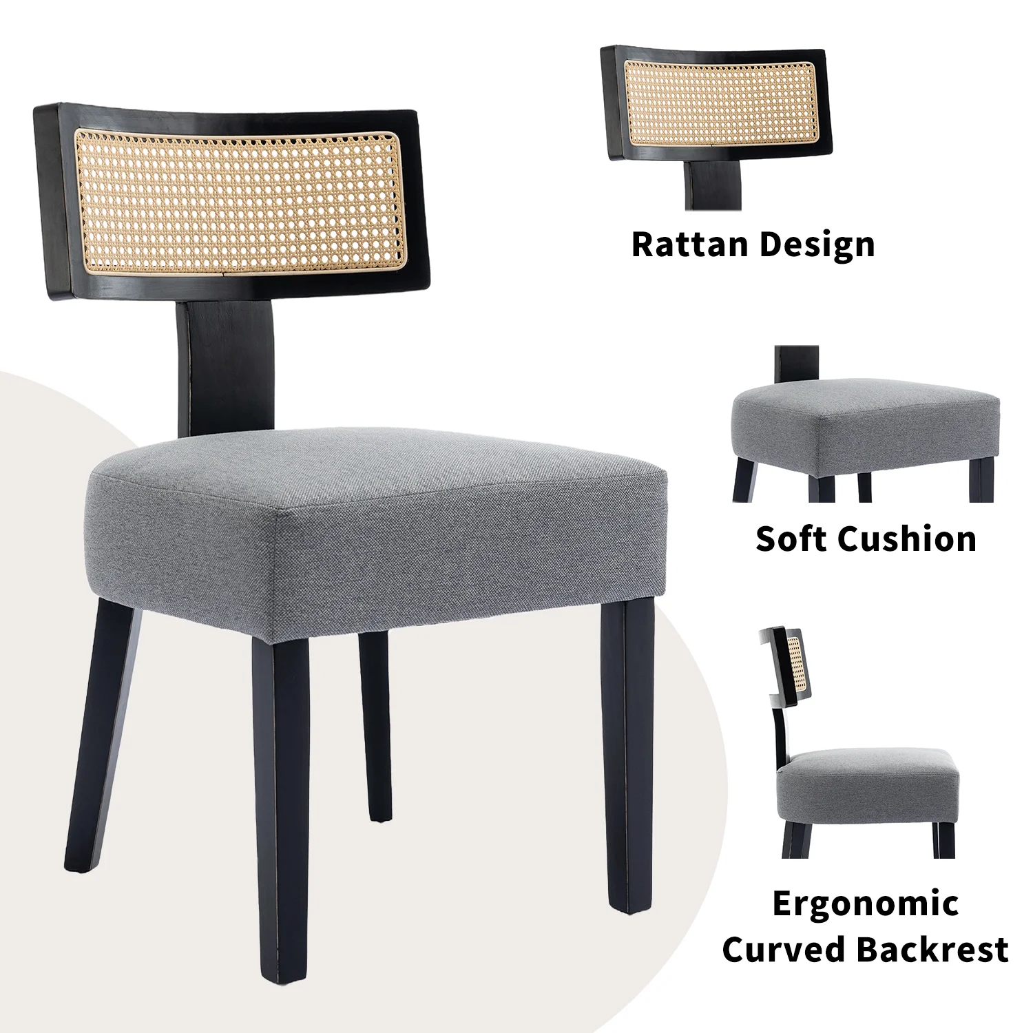 Mid Century Modern Dining Chairs Set of 2, Linen Upholstered Kitchen Chairs with Wood Legs and Curved Rattan Back Farmhouse Dining Room Chairs Accent Side Chairs for Dining Room, Grey/Black