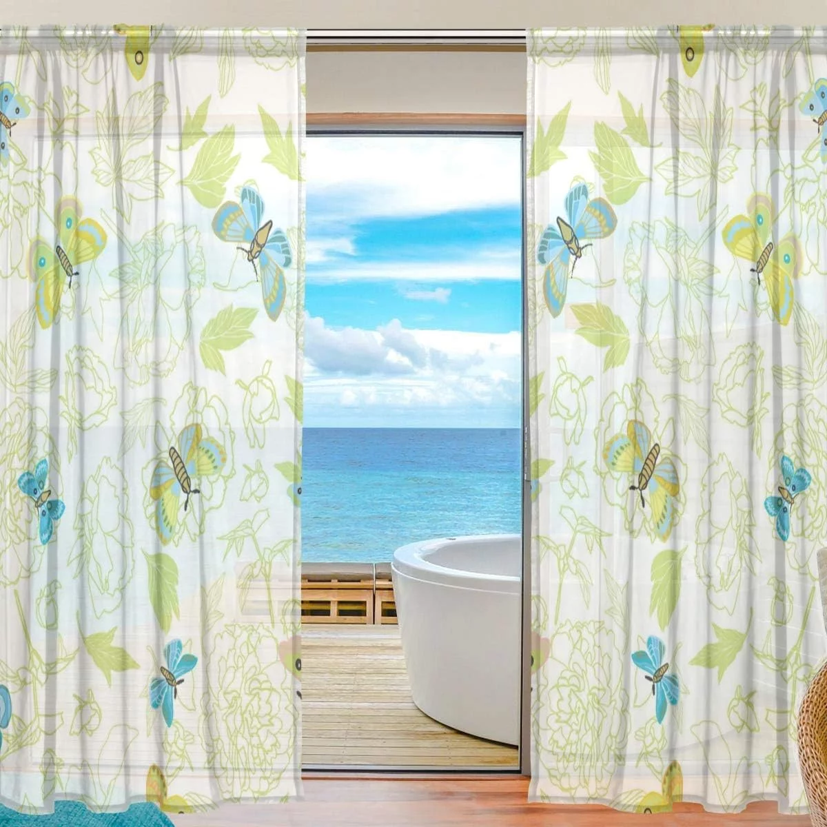 Coolnut Elegant Peony Butterfly Semi Sheer Curtains Window Voile Drapes Panels Treatment-55x84in for Living Room Bedroom Kids Room, 2 Pieces