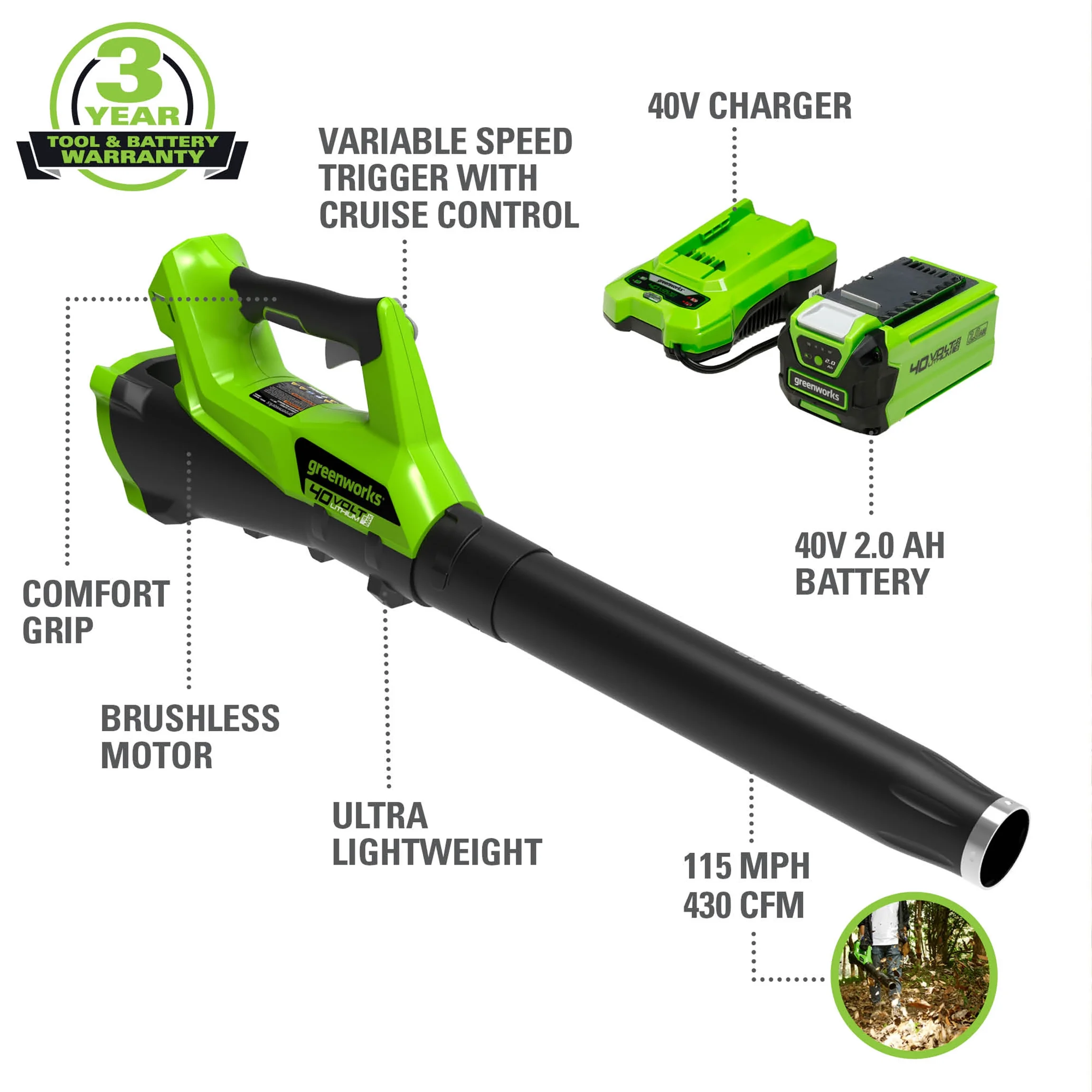 Greenworks 40V Brushless Leaf Blower with 2.0 Ah Battery and Charger, 2400302