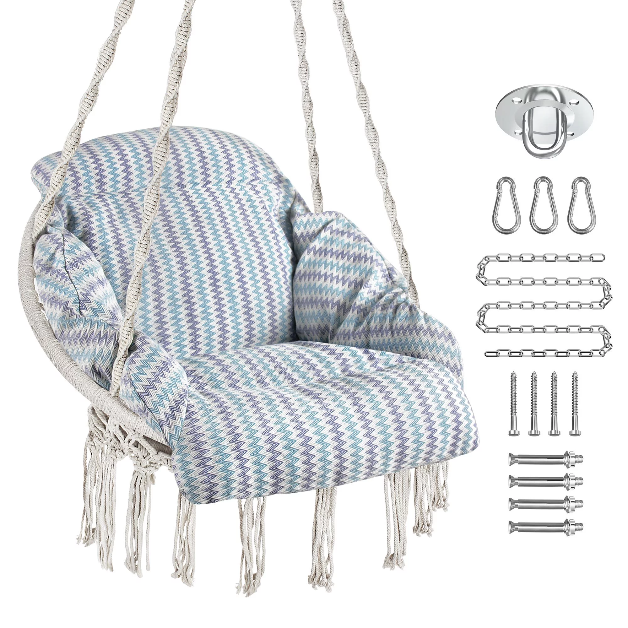 Hammock Chair,Max 250 Lbs Macrame Swing W/ Cushion and Hanging Hardware Kits,Hanging Cotton Rope Swing Chair, Comfortable Hanging Chairs for Indoor, Outdoor, Home, Patio, Yard