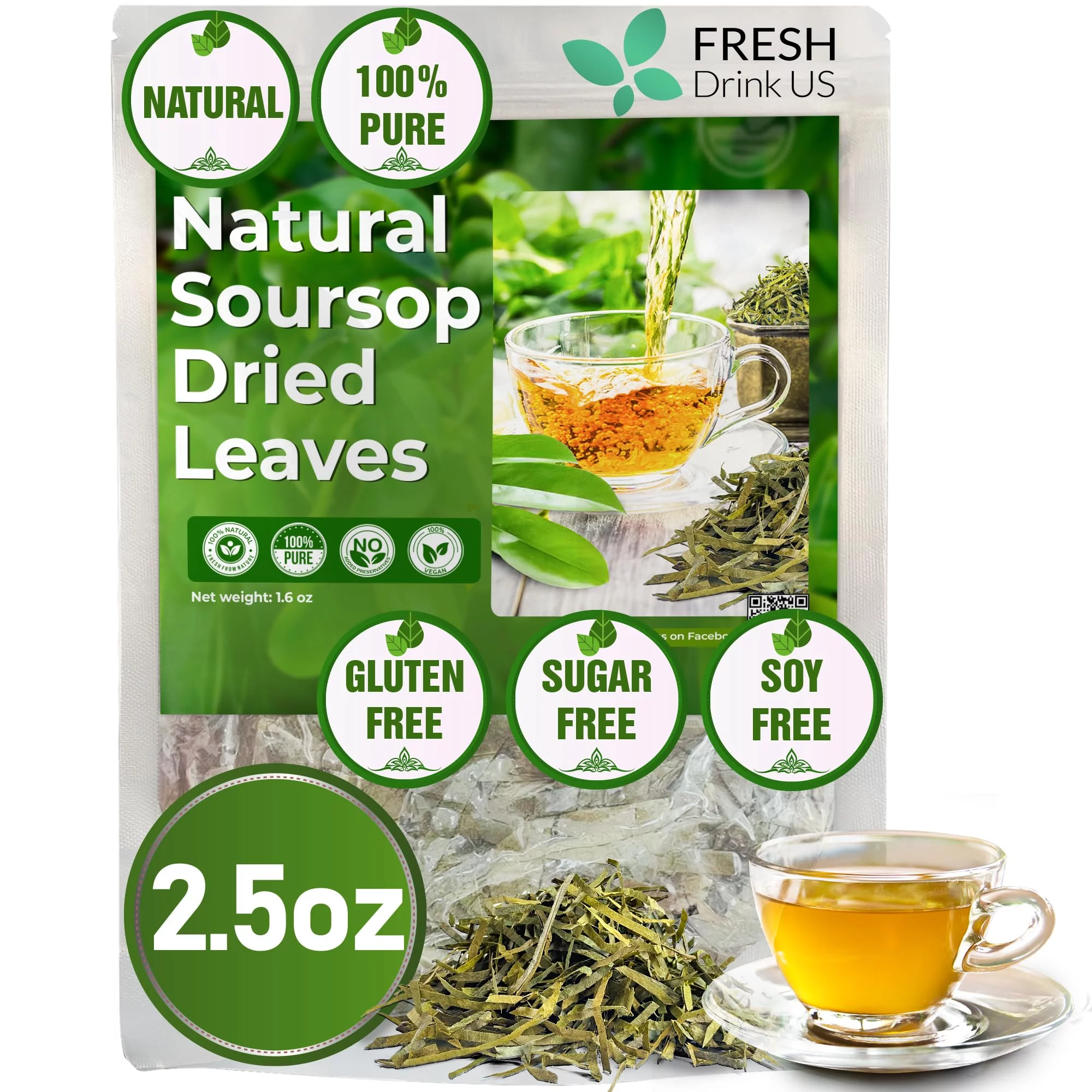 2.5Oz Premium Soursop Graviola Dried Leaves (Cut & Sifted), 100% Natural Soursop Leaves, Pure, Wildcrafted, Graviola, Soursop, Hoja Guanabana, Soursop Loose Leaf Herbal Tea, No Gluten, Vegan