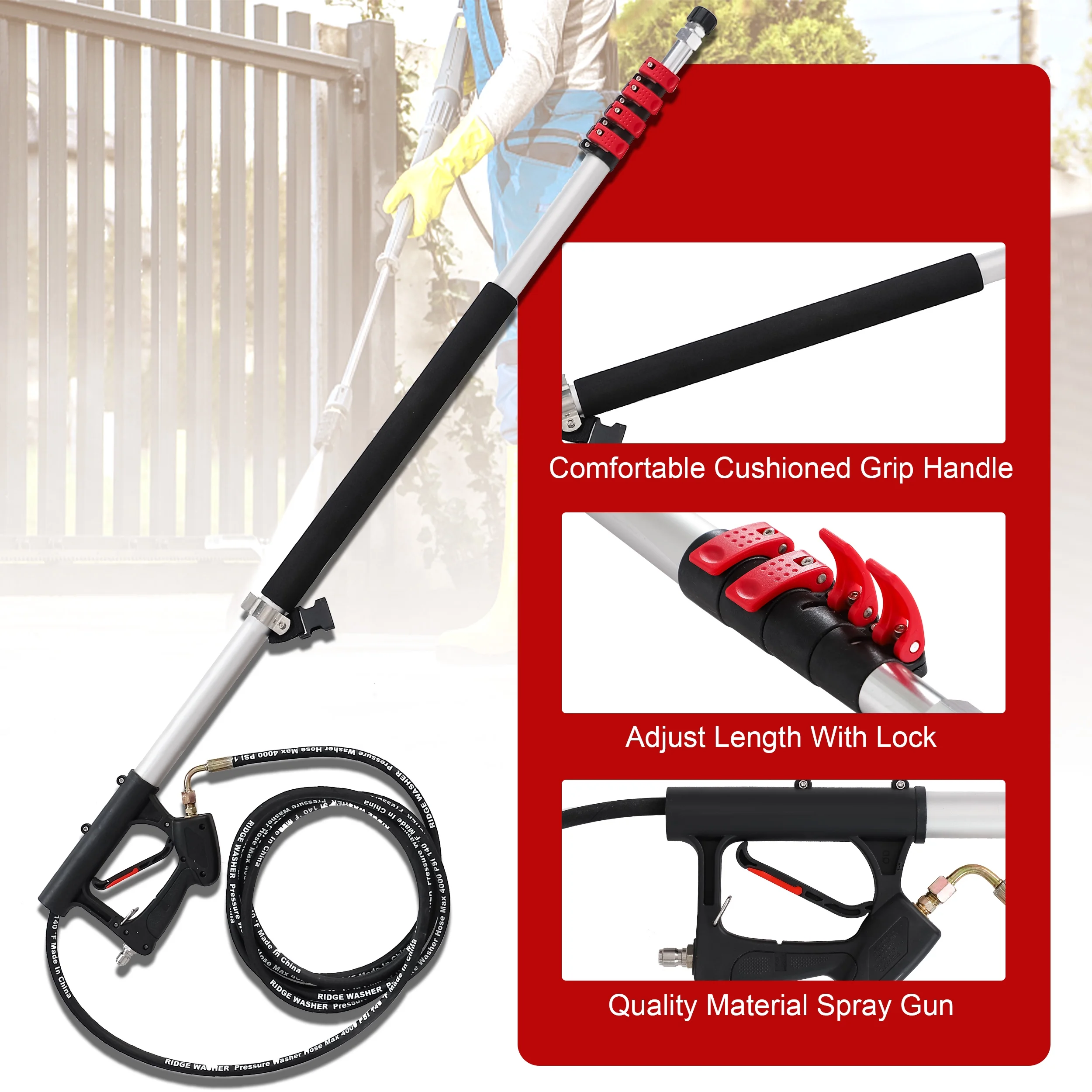 RIDGE WASHER 24 FT Telescoping Pressure Washer Wand, Pressure Washer Extension Wand, Telescopic Gutter Cleaner With 3 Curve Wands, 7 Spray Nozzle Tips, Adjustable Support Belt and 2 Adapters, 4000 PSI