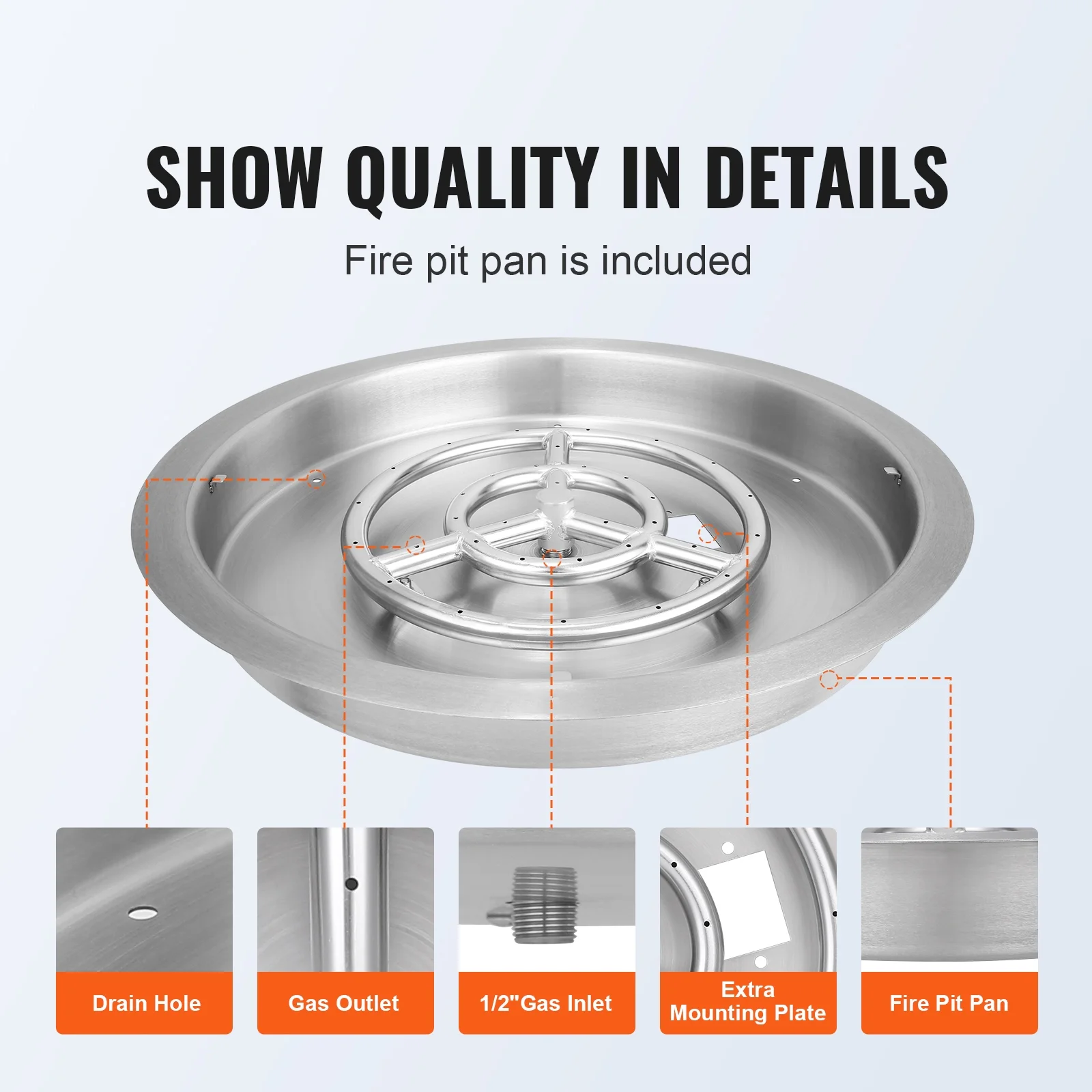 SKYSHALO Round Drop-in Fire Pit Pan Stainless Steel Fire Pit Burner 19