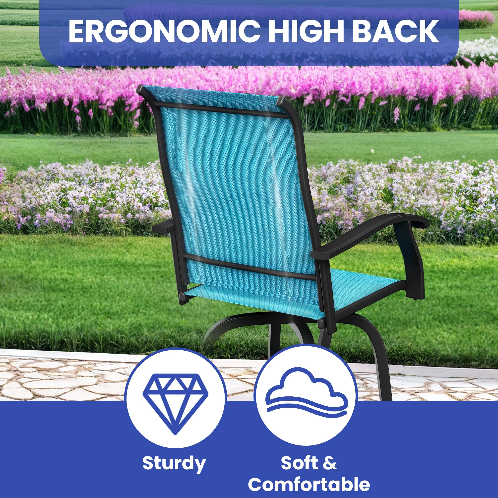 Wooflex High Back Swivel Bar Stools Set of 2, All Weather Outdoor Patio Swivel Chairs with Breathable Textilene and Metal Frame for Garden Backyard Deck, Blue