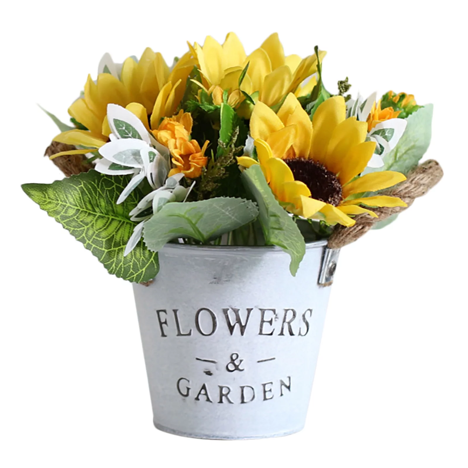 MAHAQI Decors Ornaments Sunflowers Pot Fake Flowers In Metal Potted Vintage Artificial Daisy Bouquet With Vase Plant Set