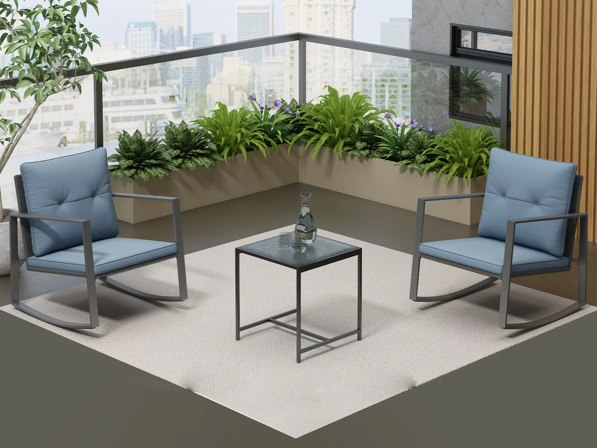 Nikias 3-Piece Modern Patio Furniture Set -Two Plush Cushioned Chairs With Solid Glass Coffee Table - Grey